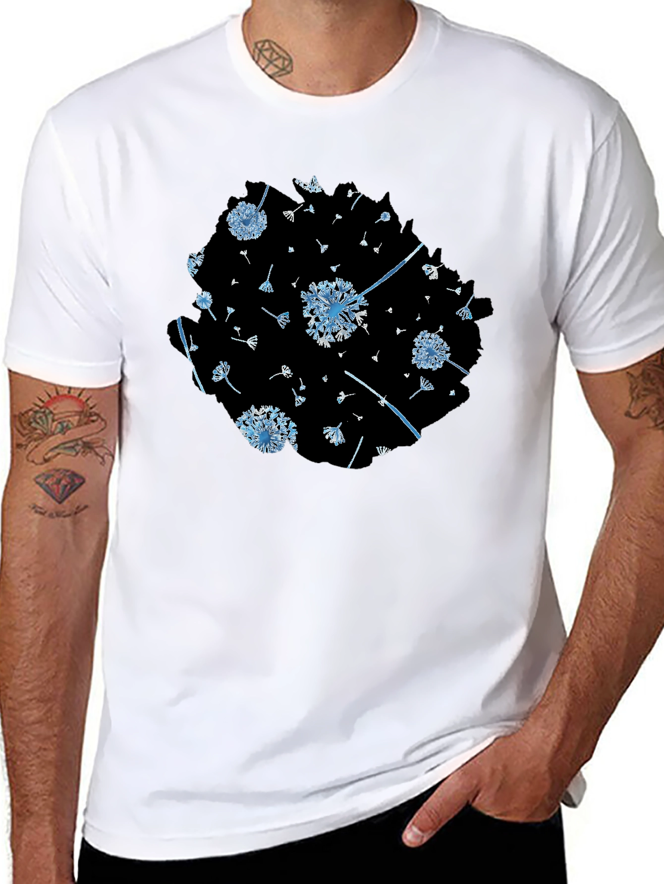 Black Dandelion Print Black Tee - Stylish & Unique Design view 8