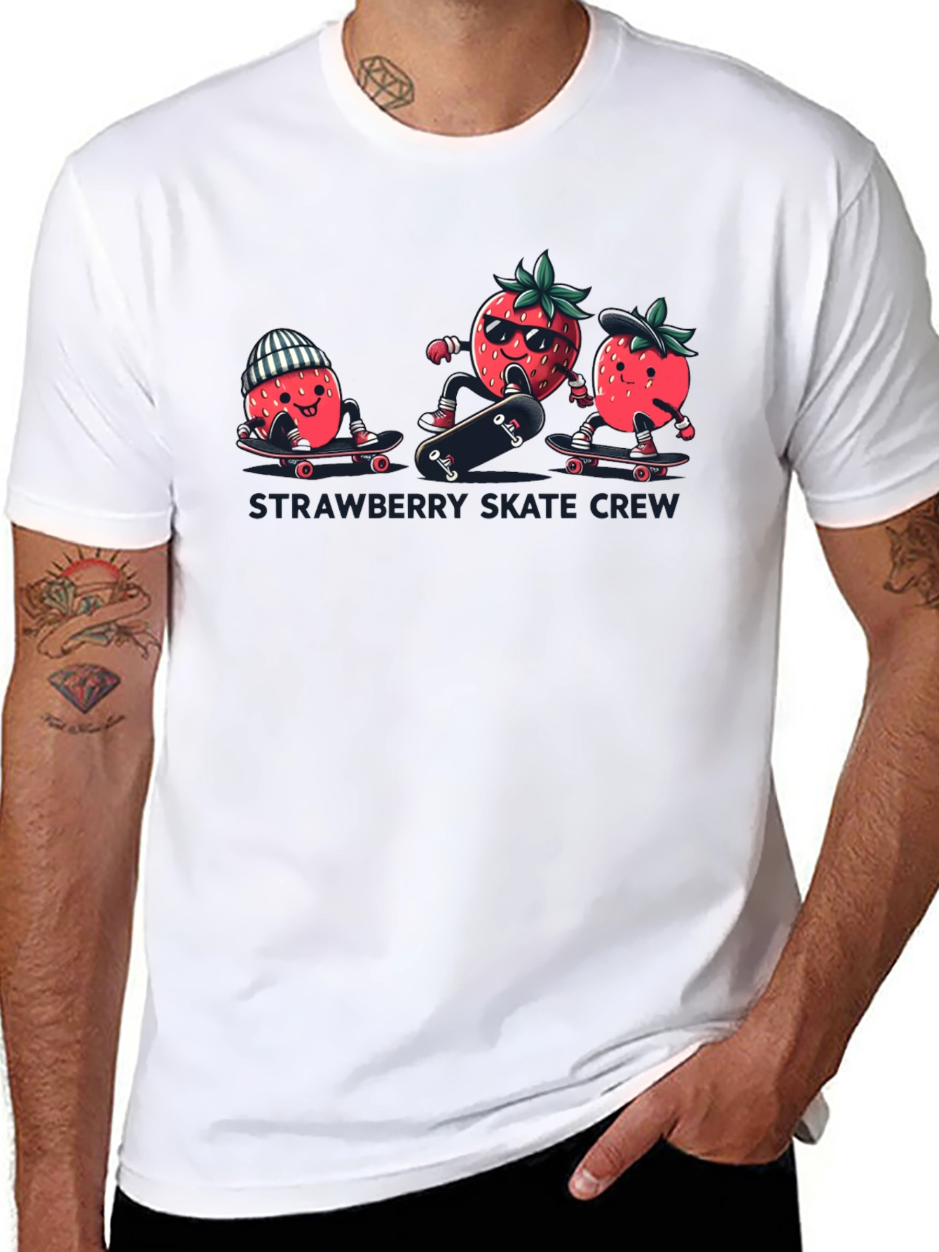 Black Strawberry Skate Crew T-Shirt - Black Cotton Tee view 8