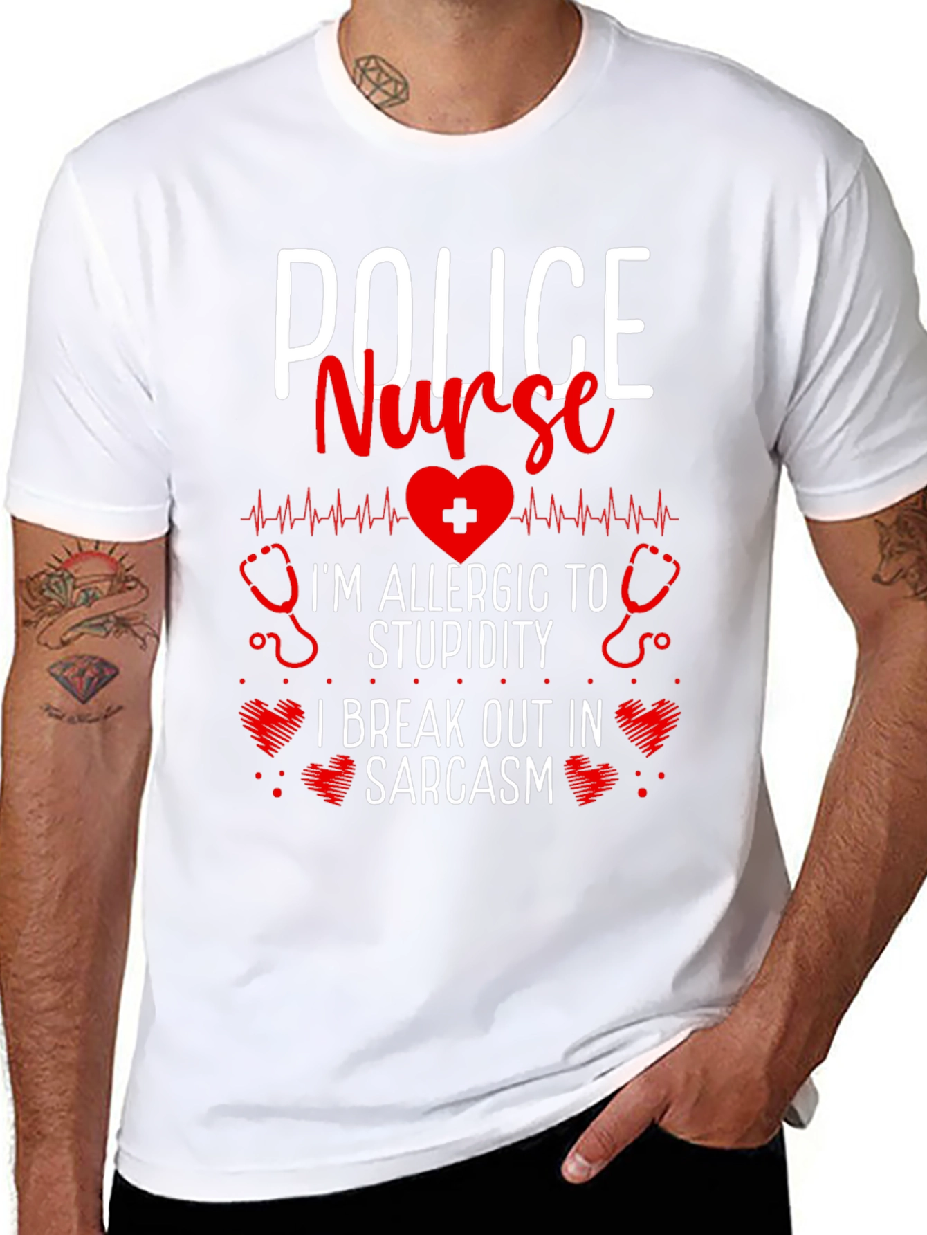 Black Police Nurse Sarcastic T-Shirt - I'm Allergic to Stupidity! view 8