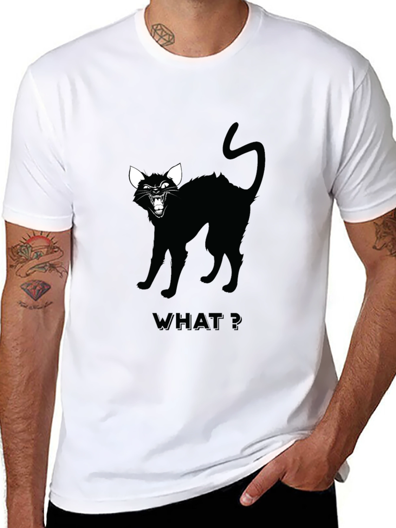 Black Black Cat Graphic Tee - "WHAT?" Design view 8