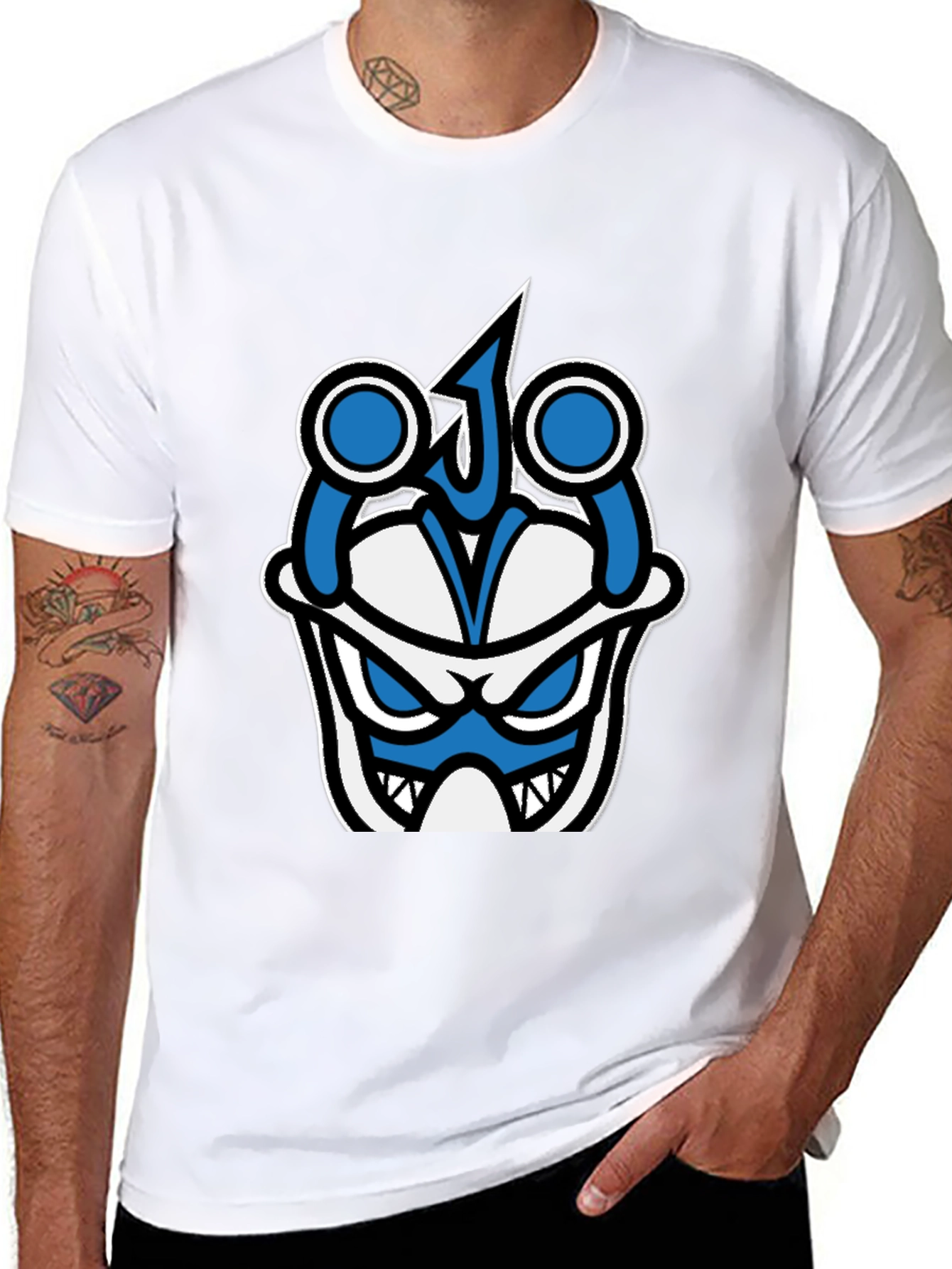 Black Graphic T-Shirt - Blue & White Angry Face view 8