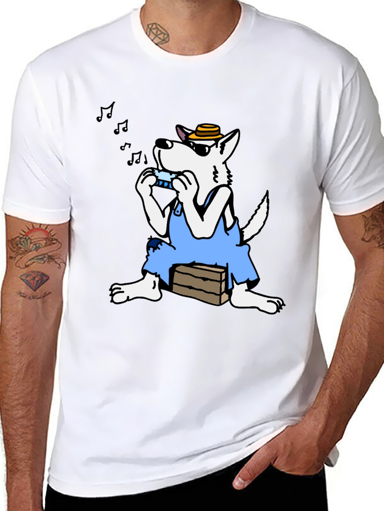 Black Cartoon Wolf Harmonica T-Shirt view 8