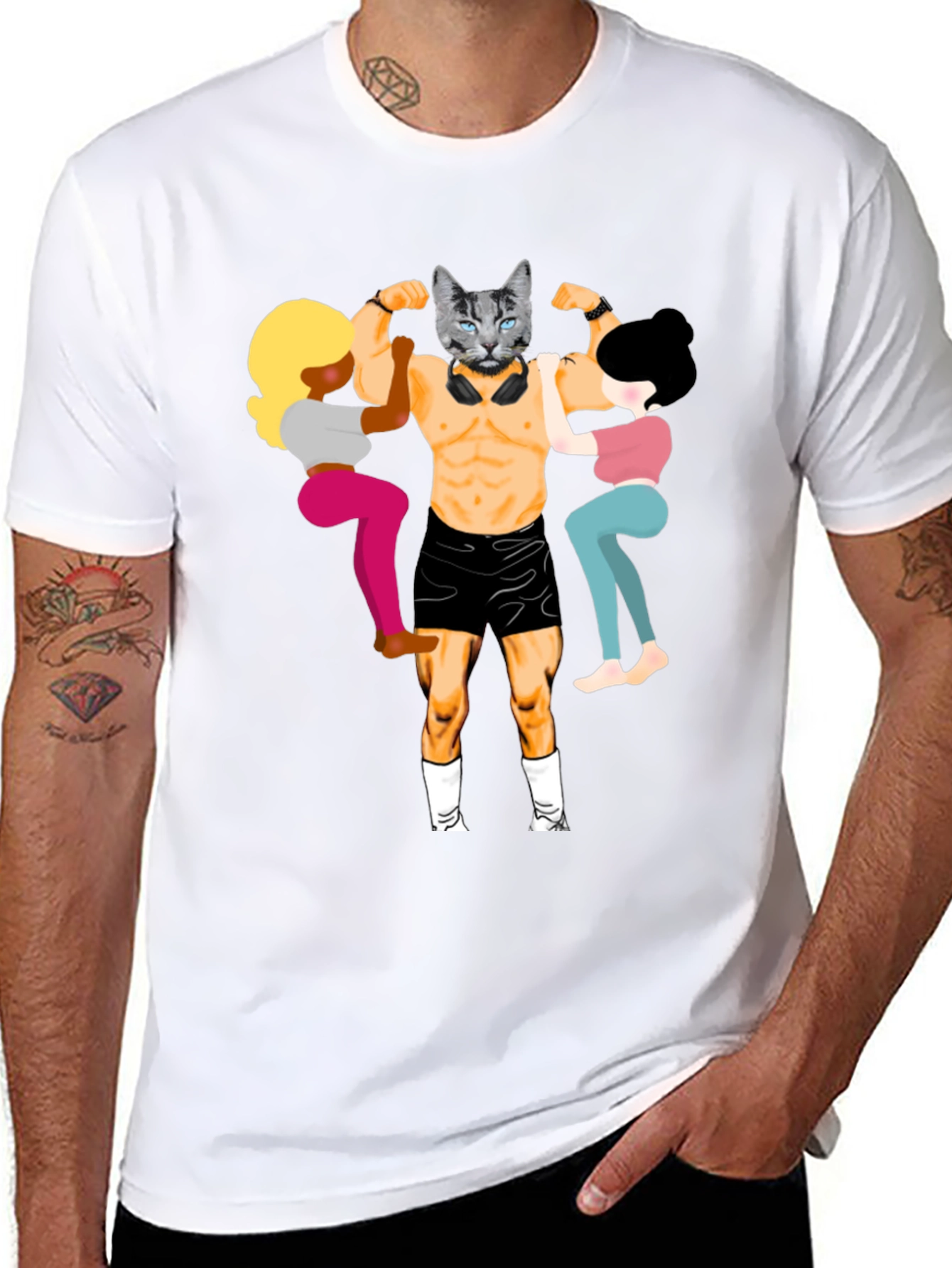 Black Funny Cat Bodybuilder Graphic Tee view 8