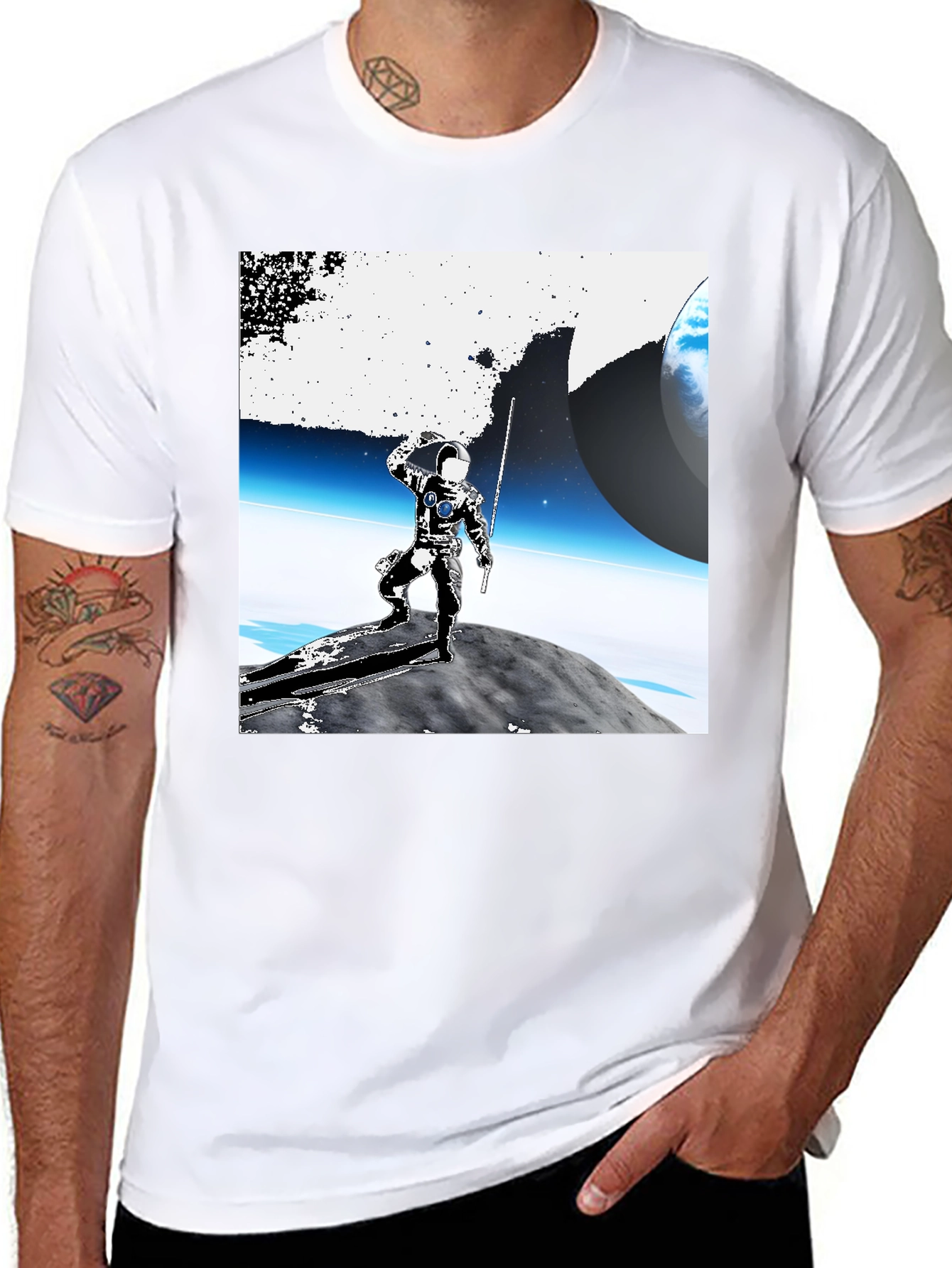 Black Astronaut on Moon Graphic Tee - Black Cotton view 8