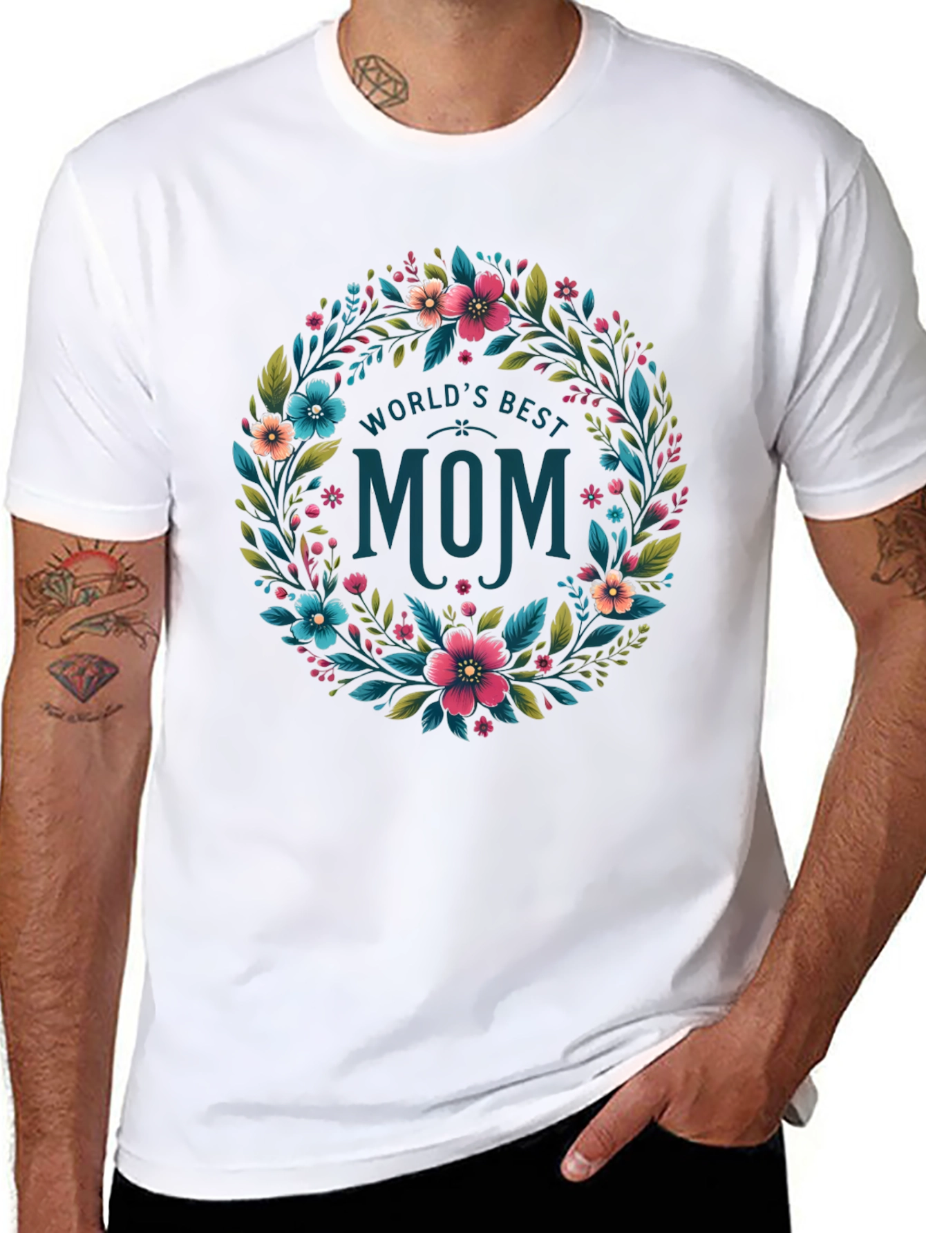 Black World's Best Mom Floral Wreath T-Shirt - Black view 8