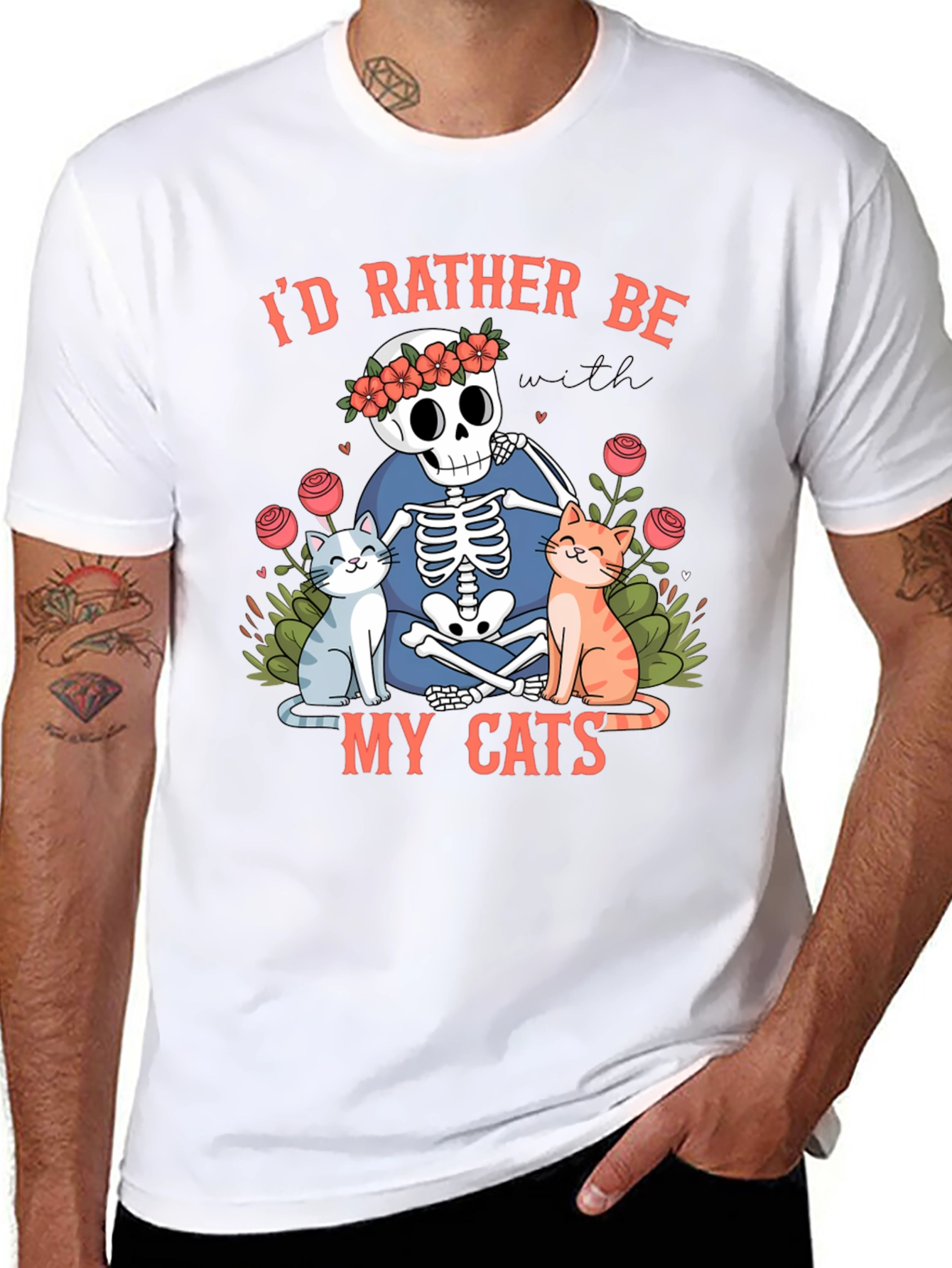 Black Skeleton & Cats Graphic Tee - "I'd Rather Be With My Cats" view 8