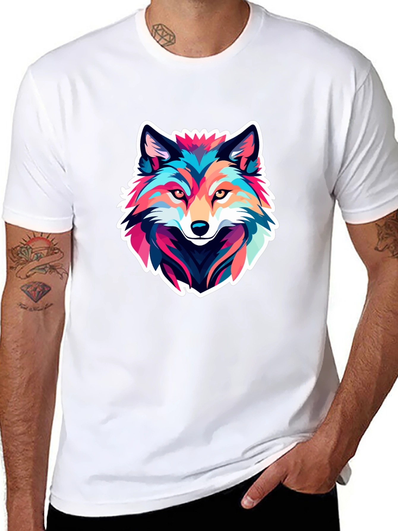 Black Colorful Wolf Graphic Black T-Shirt view 8