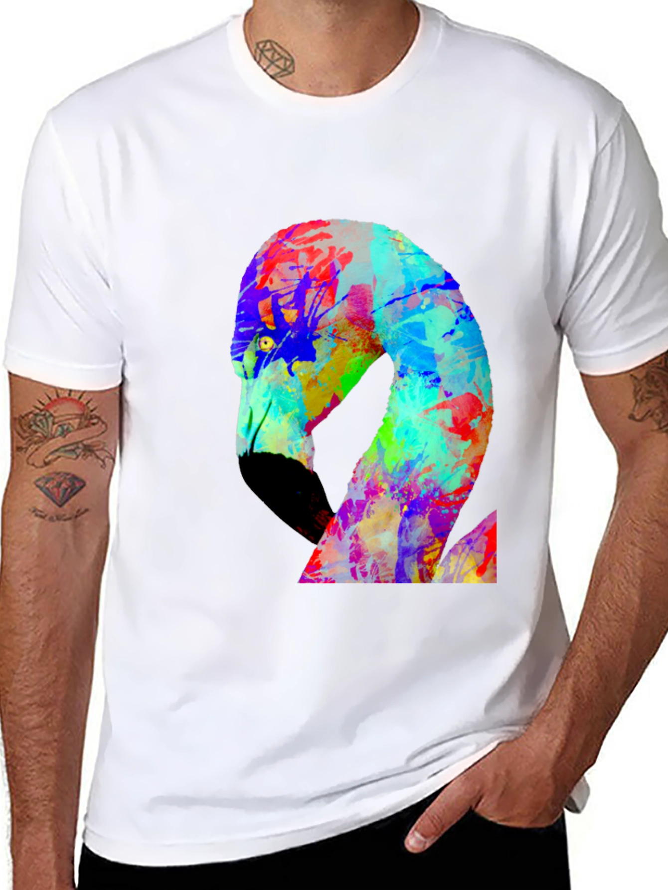 Black Colorful Flamingo Graphic Black Tee Shirt view 8