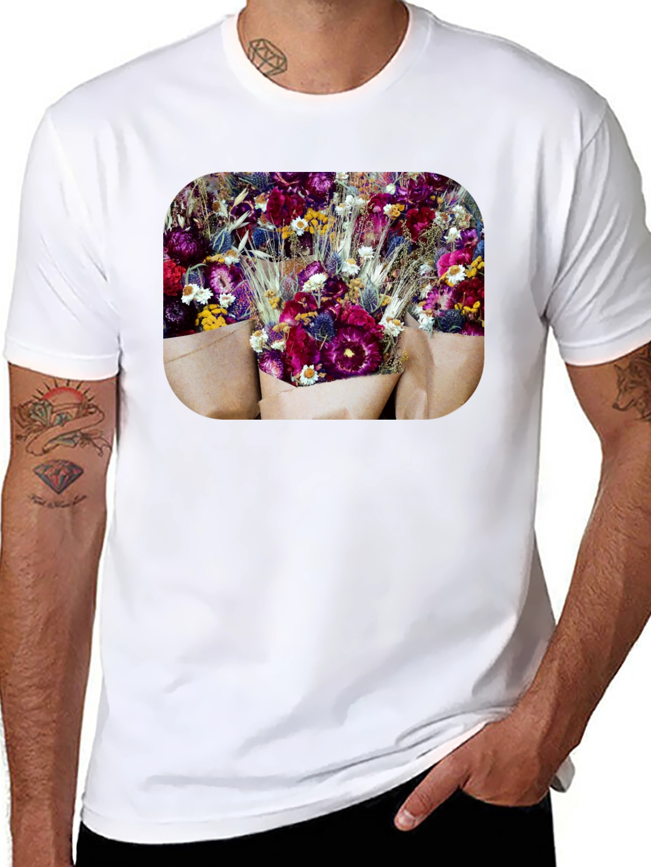 Black Floral Bouquet Graphic Print Black T-Shirt view 8