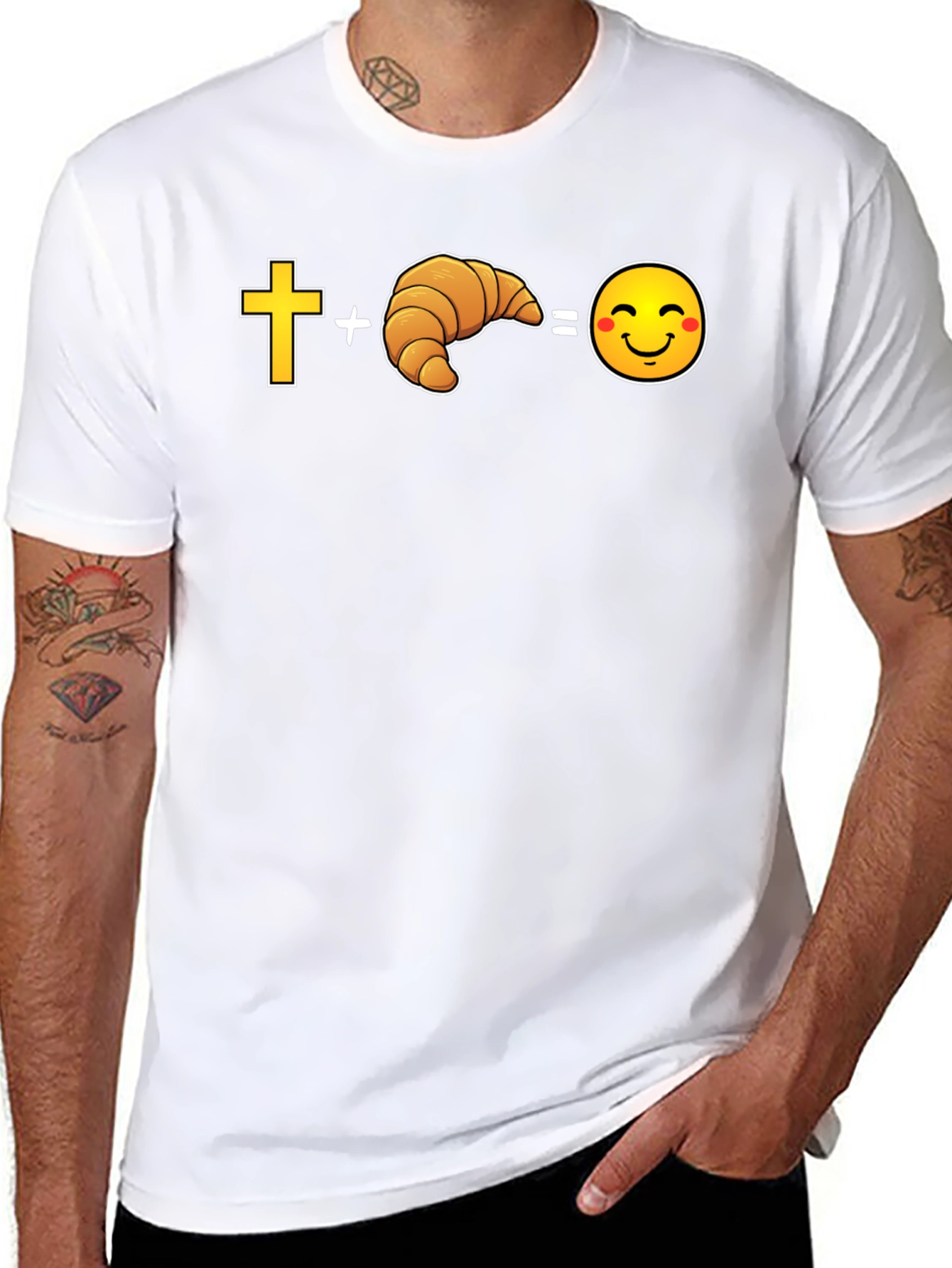 Black Cross Plus Croissant Equals Happy Face Graphic Tee view 8