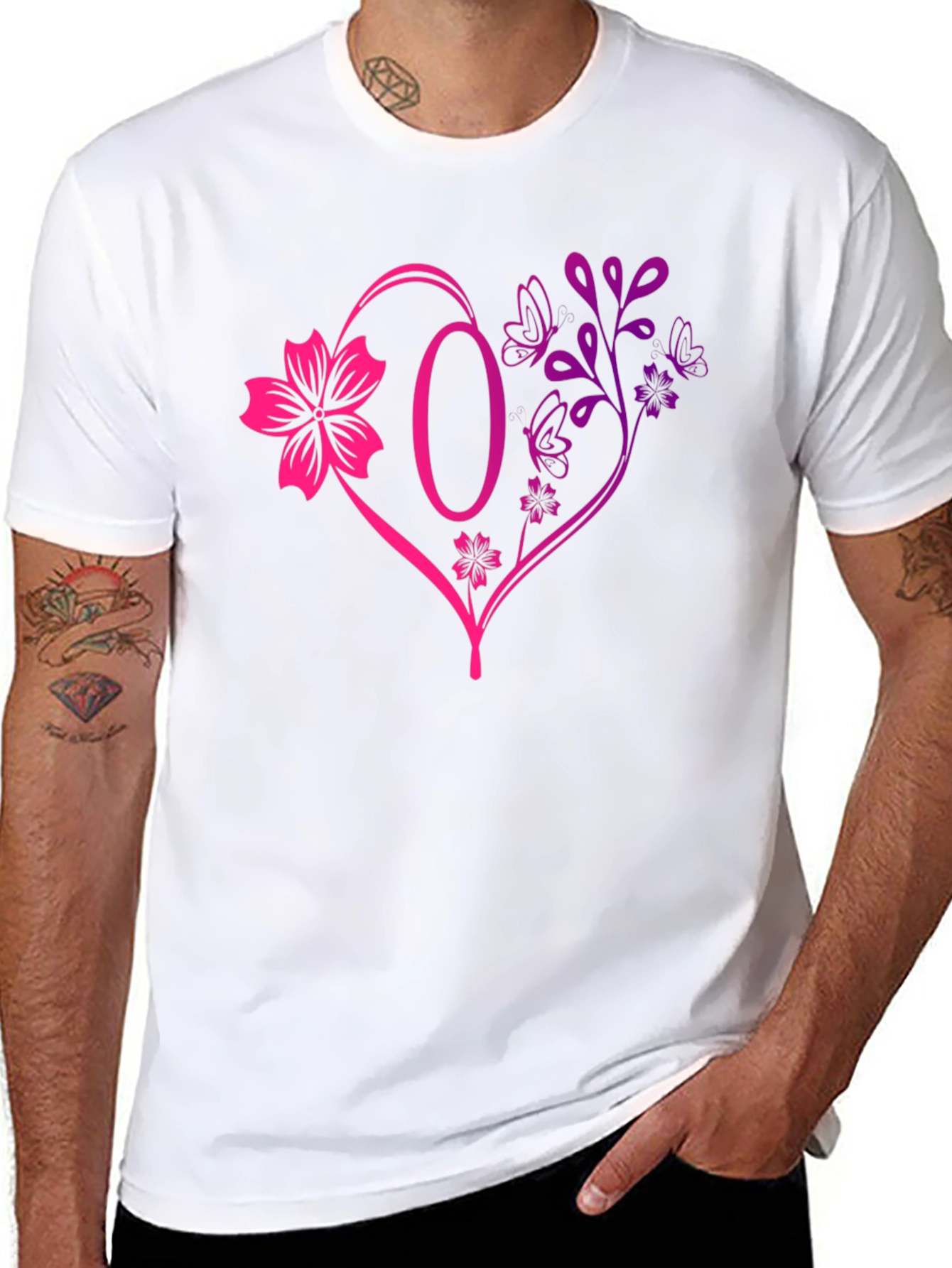 Black Floral Heart Initial T-Shirt - Personalized Letter O Design view 8