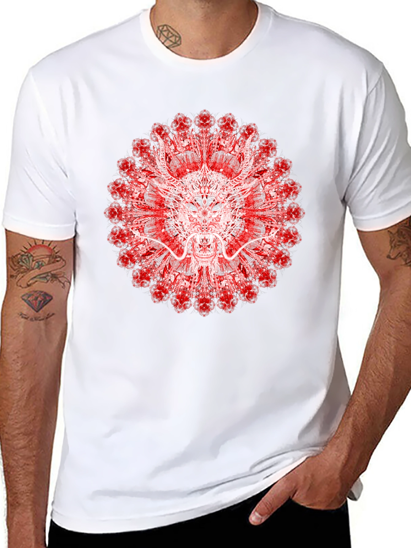 Black Dragon Mandala Graphic Tee - Unique Red & White Design view 8