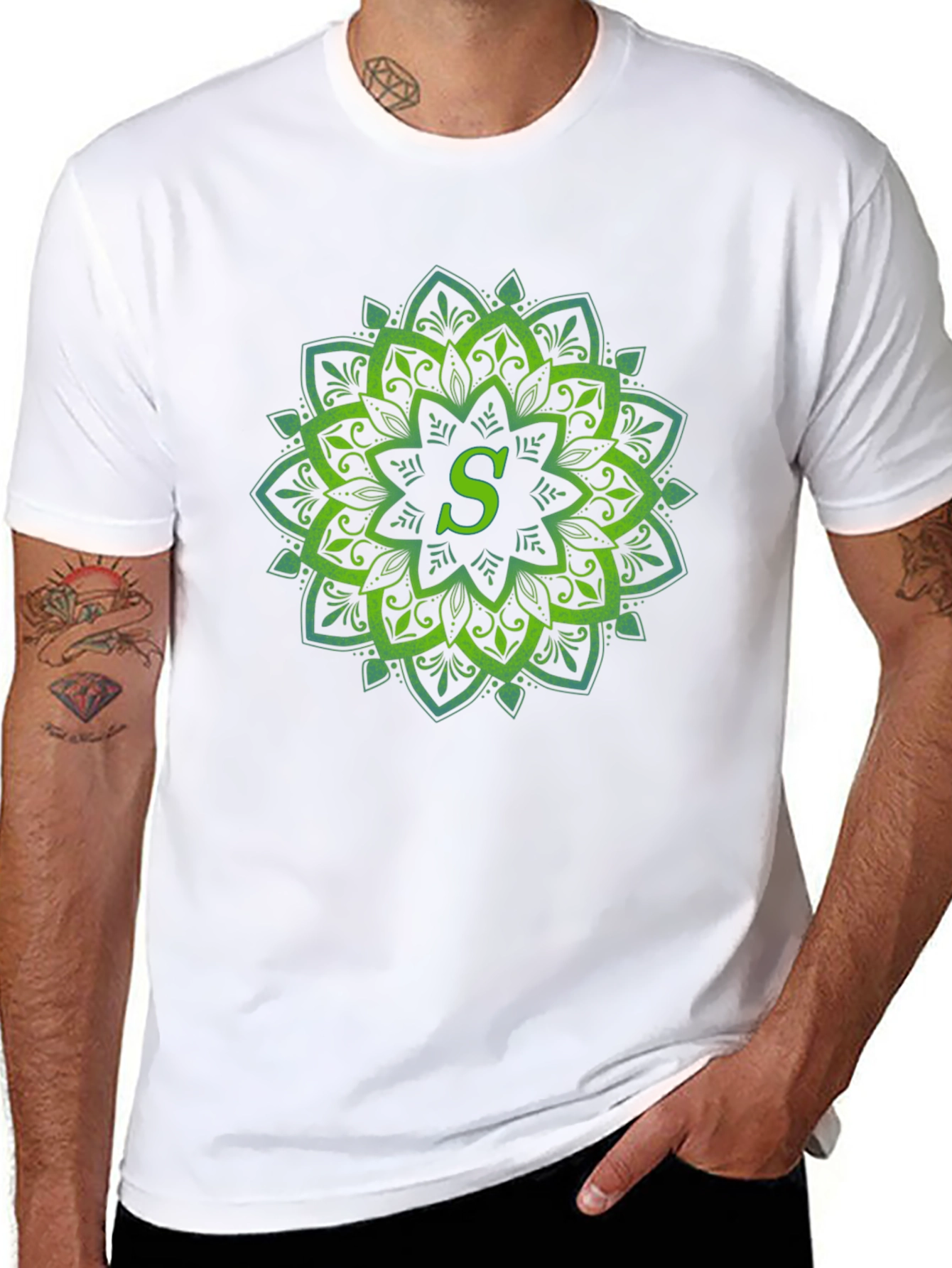 Black Green Mandala Letter S T-Shirt view 8