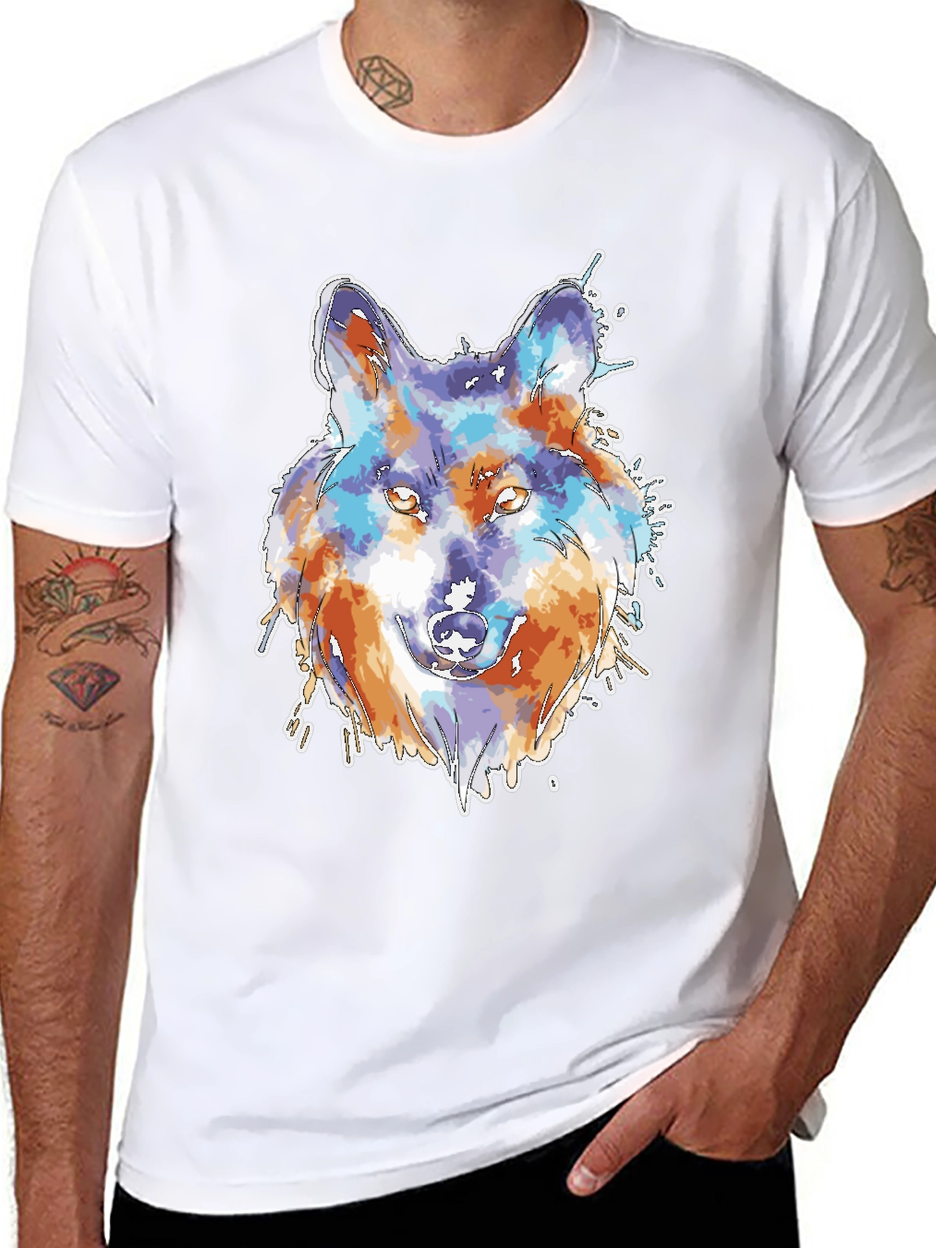 Black Wolf Watercolor Graphic Print Black T-Shirt view 8