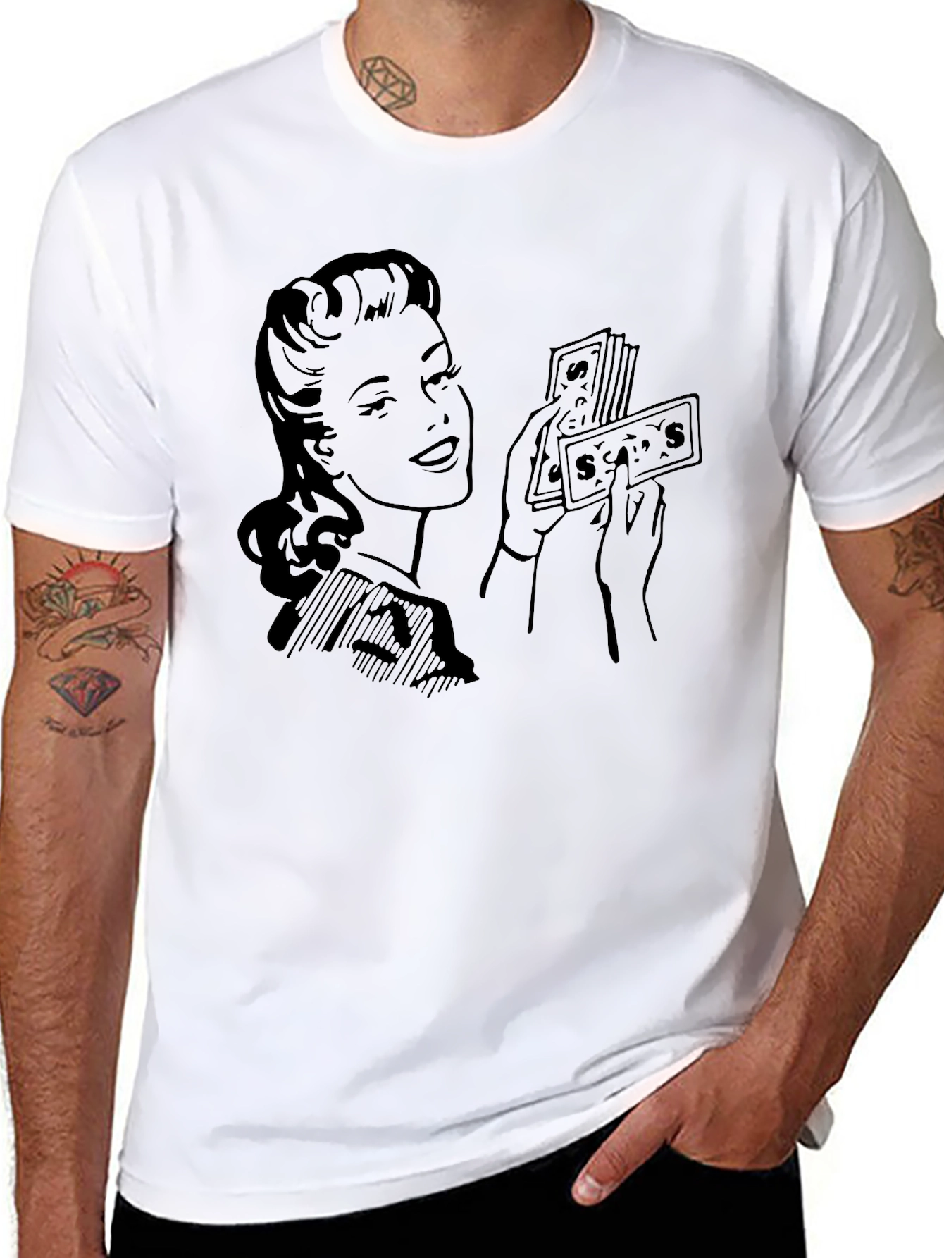 Black Retro Woman with Money Graphic Tee view 8