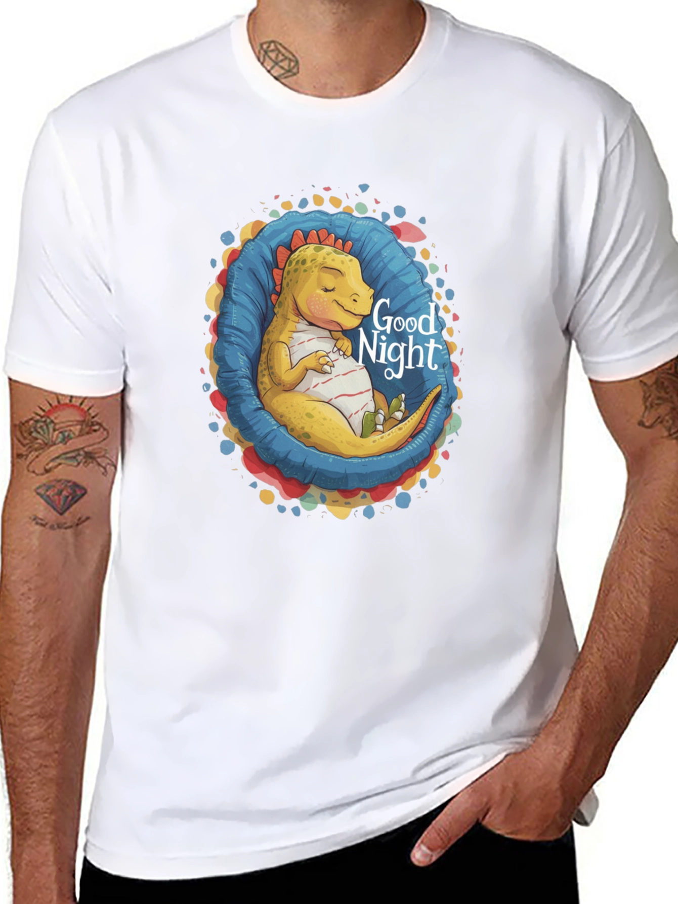 Black Cute Sleeping Dinosaur 'Good Night' Black T-Shirt view 8