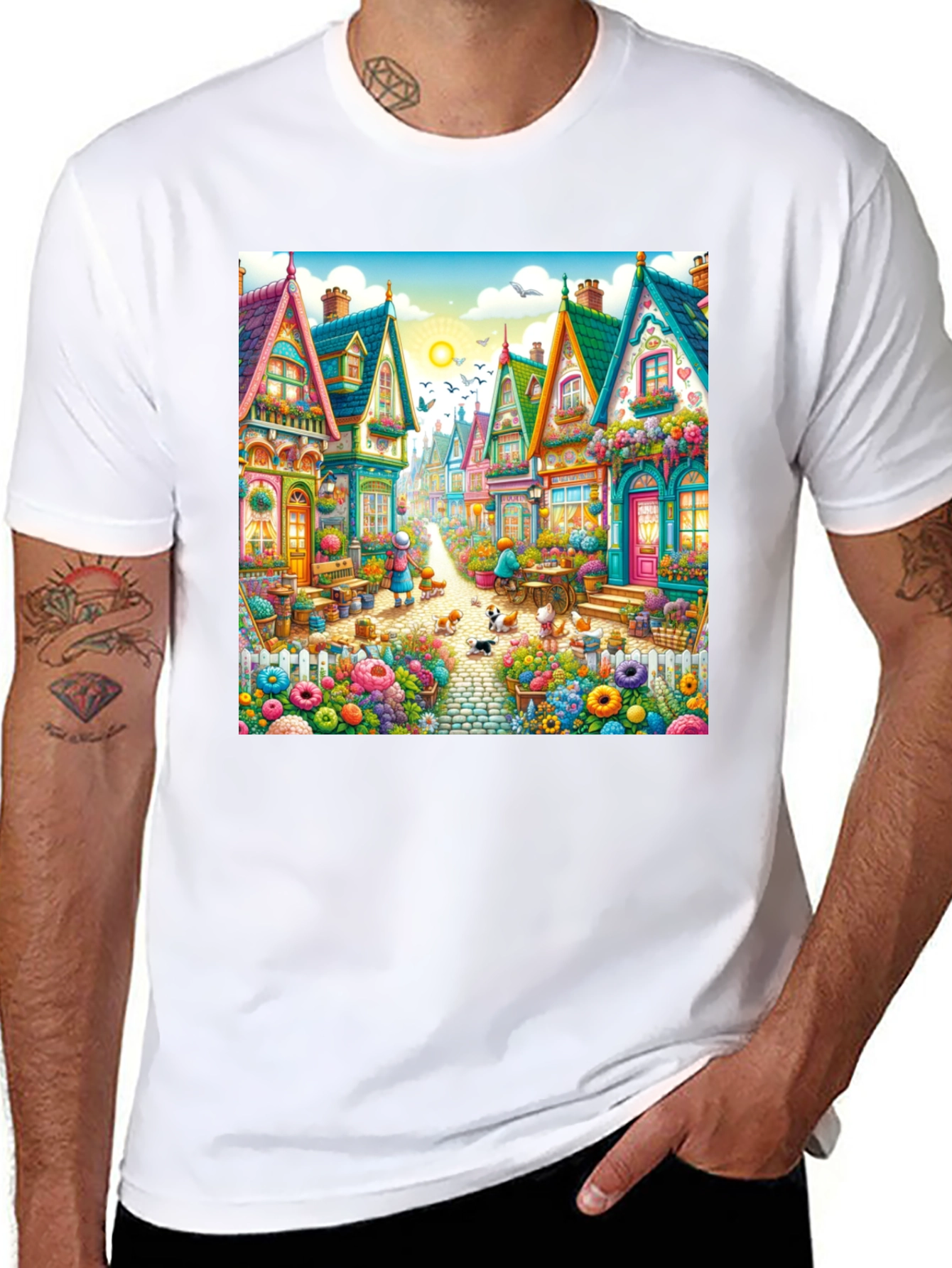 Black Whimsical Village T-Shirt - Colorful Town Design view 8