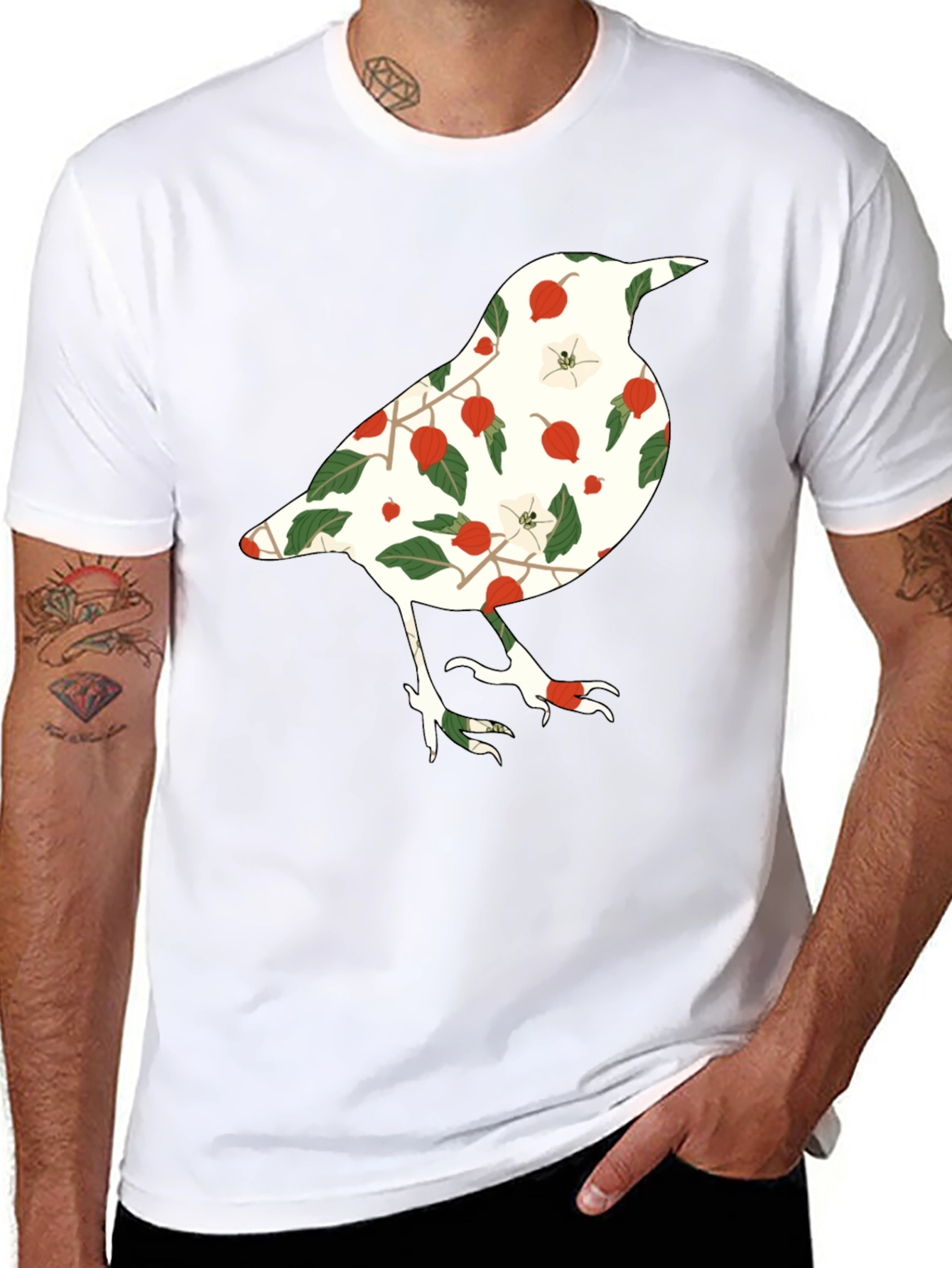 Black Floral Bird Graphic Tee - Black Casual T-Shirt view 8
