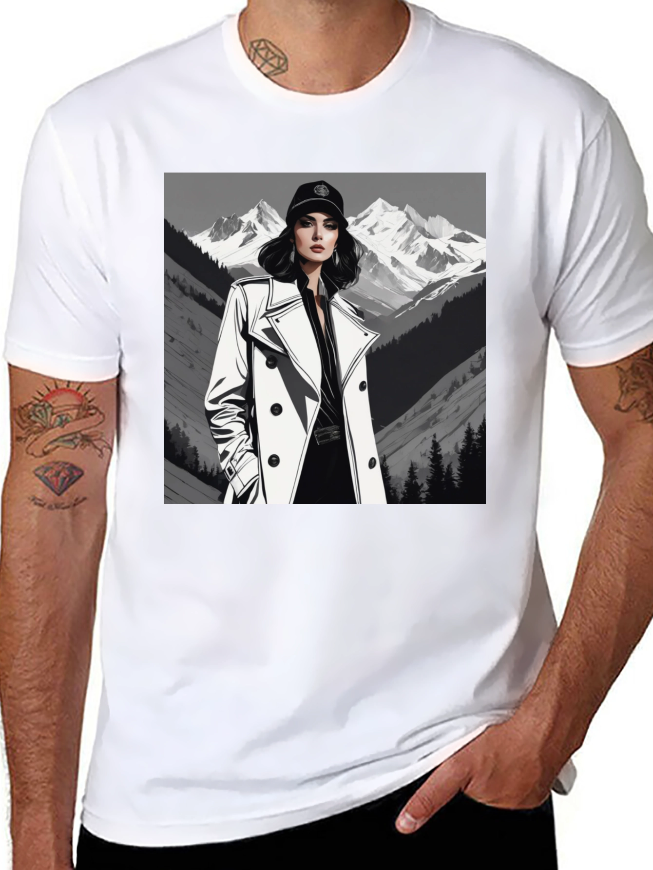 Black Stylish Woman Mountain Tee - Black Cotton Blend view 8