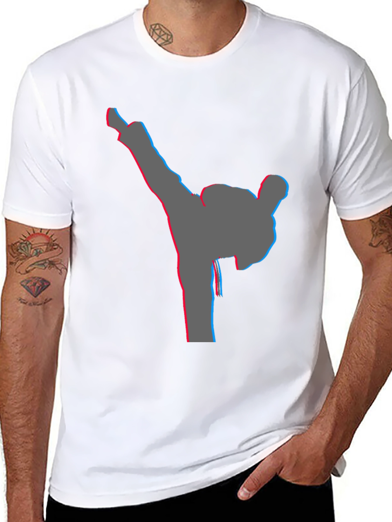 Black Men's Black T-Shirt with Karate Kick Graphic view 8