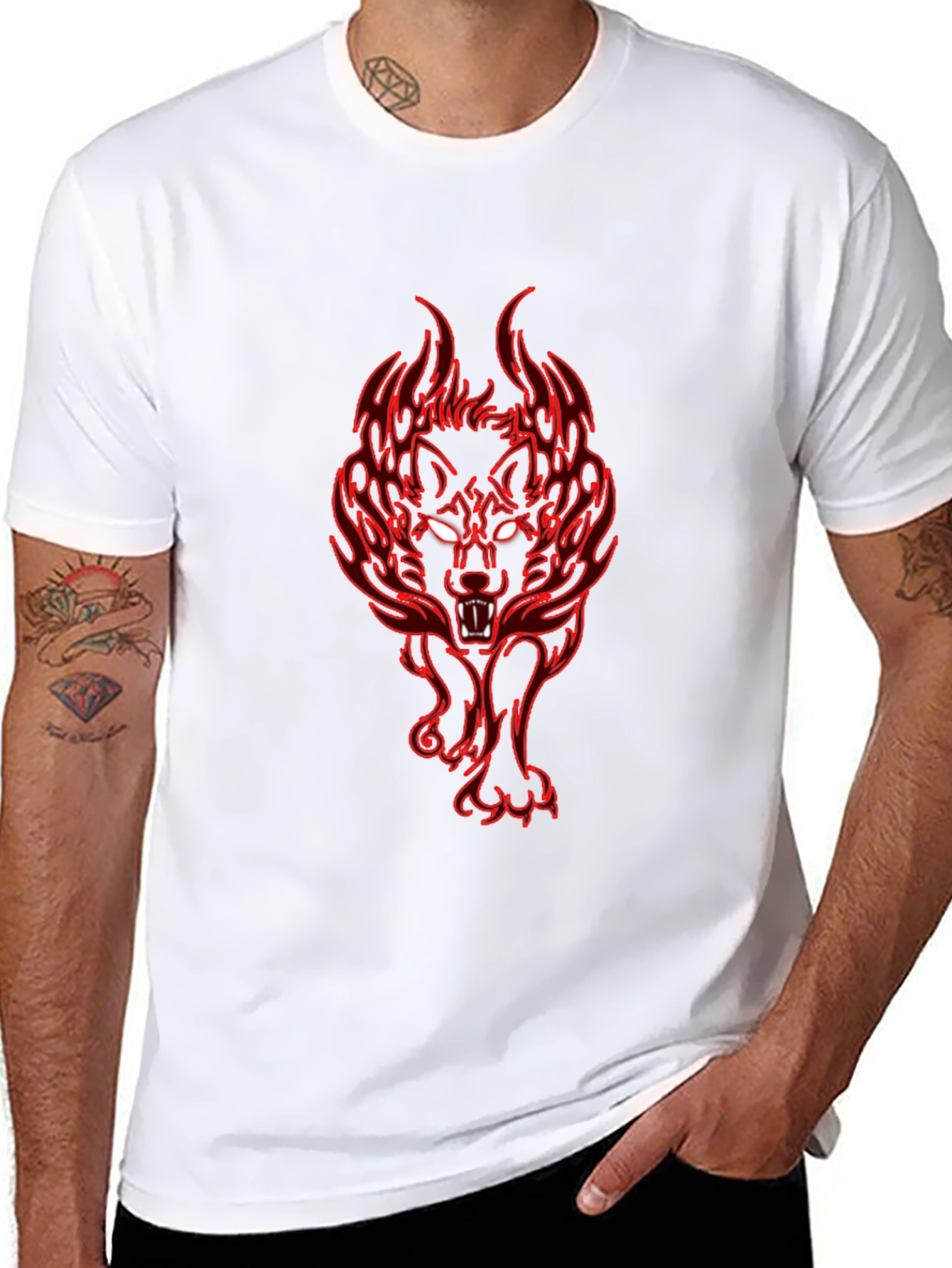 Black Fiery Wolf Graphic Tee - Black Cotton T-Shirt view 8