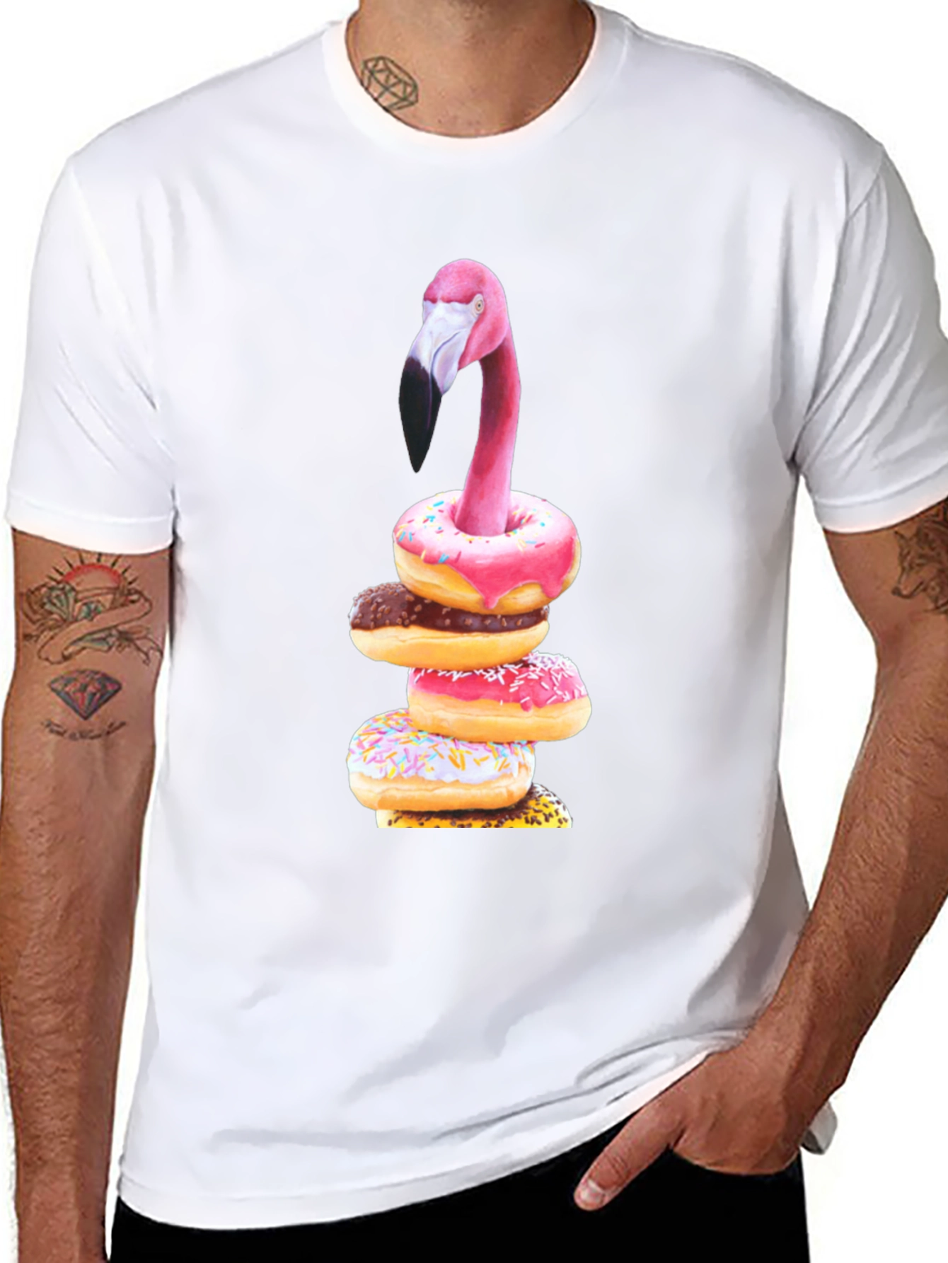 Black Flamingo Donut Stack Graphic Tee view 8