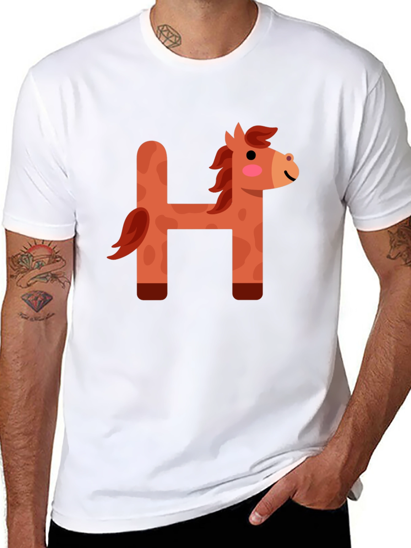 Black Cute Horse Letter H Black T-Shirt view 8
