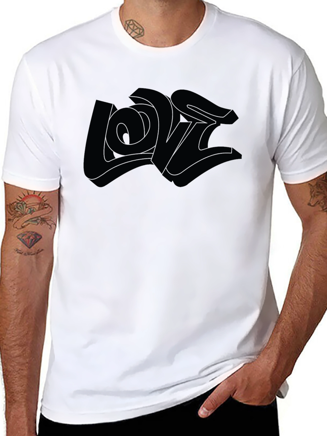 Black Monochrome Graphic Tee - 3D 'Love' Design view 8