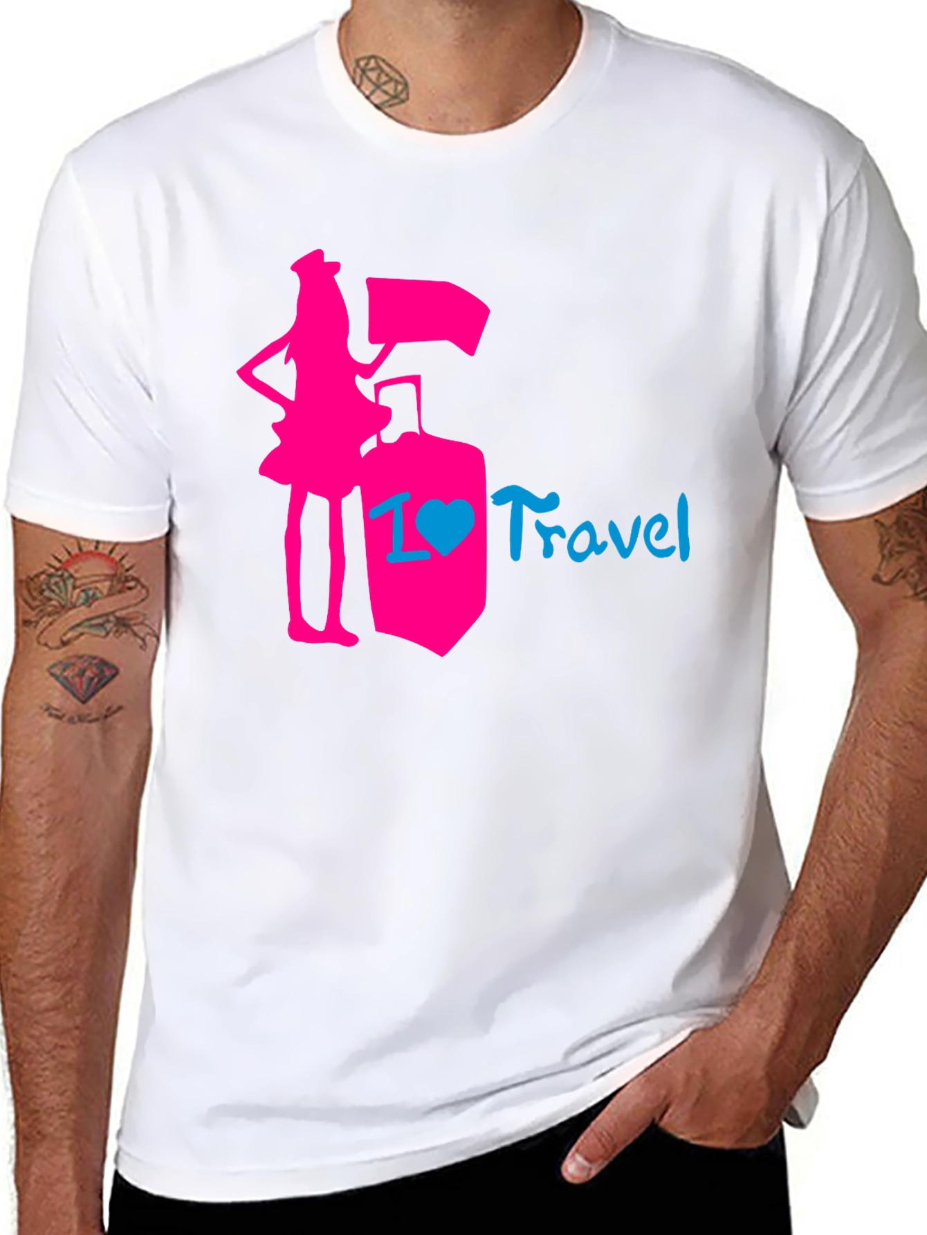 Black I Love Travel T-Shirt: Pink Design, Stylish Top view 8
