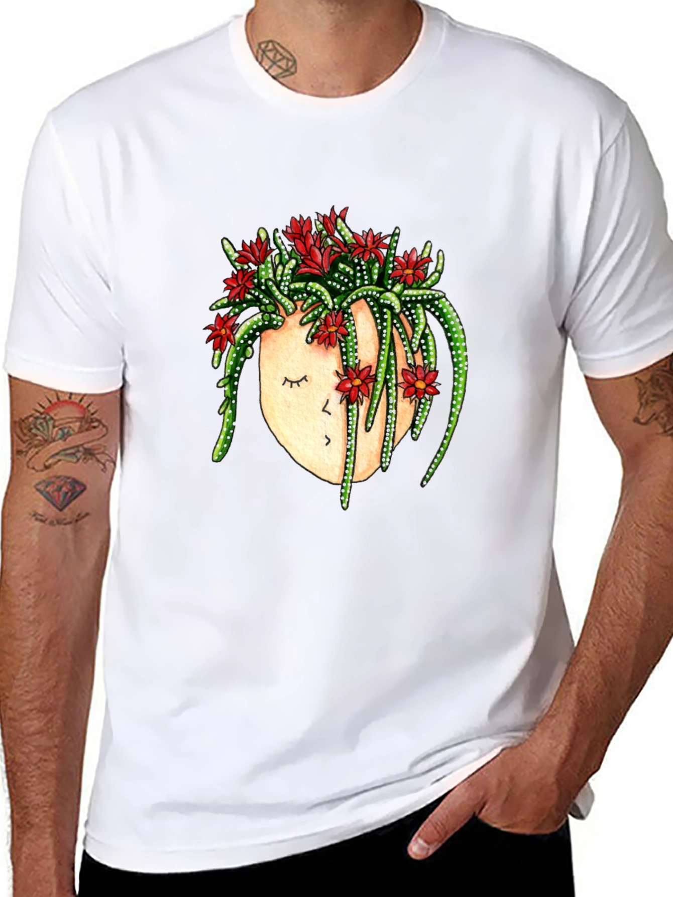 Black Cactus Head Graphic Tee - Unique Floral Design view 8