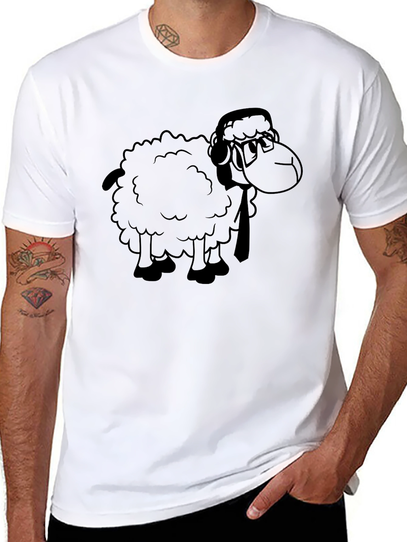 Black Cartoon Sheep Graphic Tee - Black Cotton T-Shirt view 8