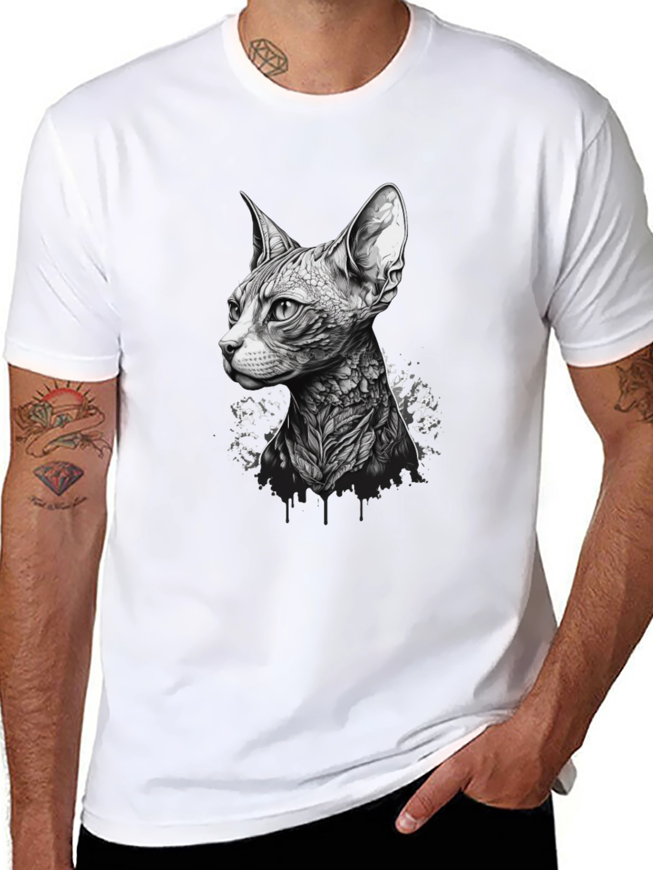 Black Sphynx Cat Tattoo Style Black T-Shirt view 8