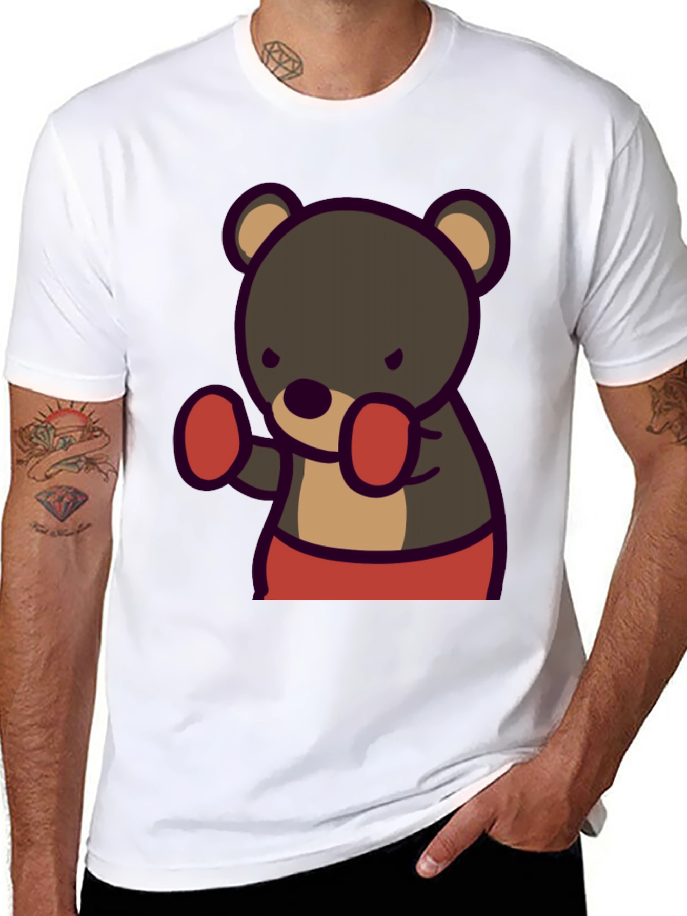 Black Boxing Bear Graphic Tee - Black Cotton Casual view 8