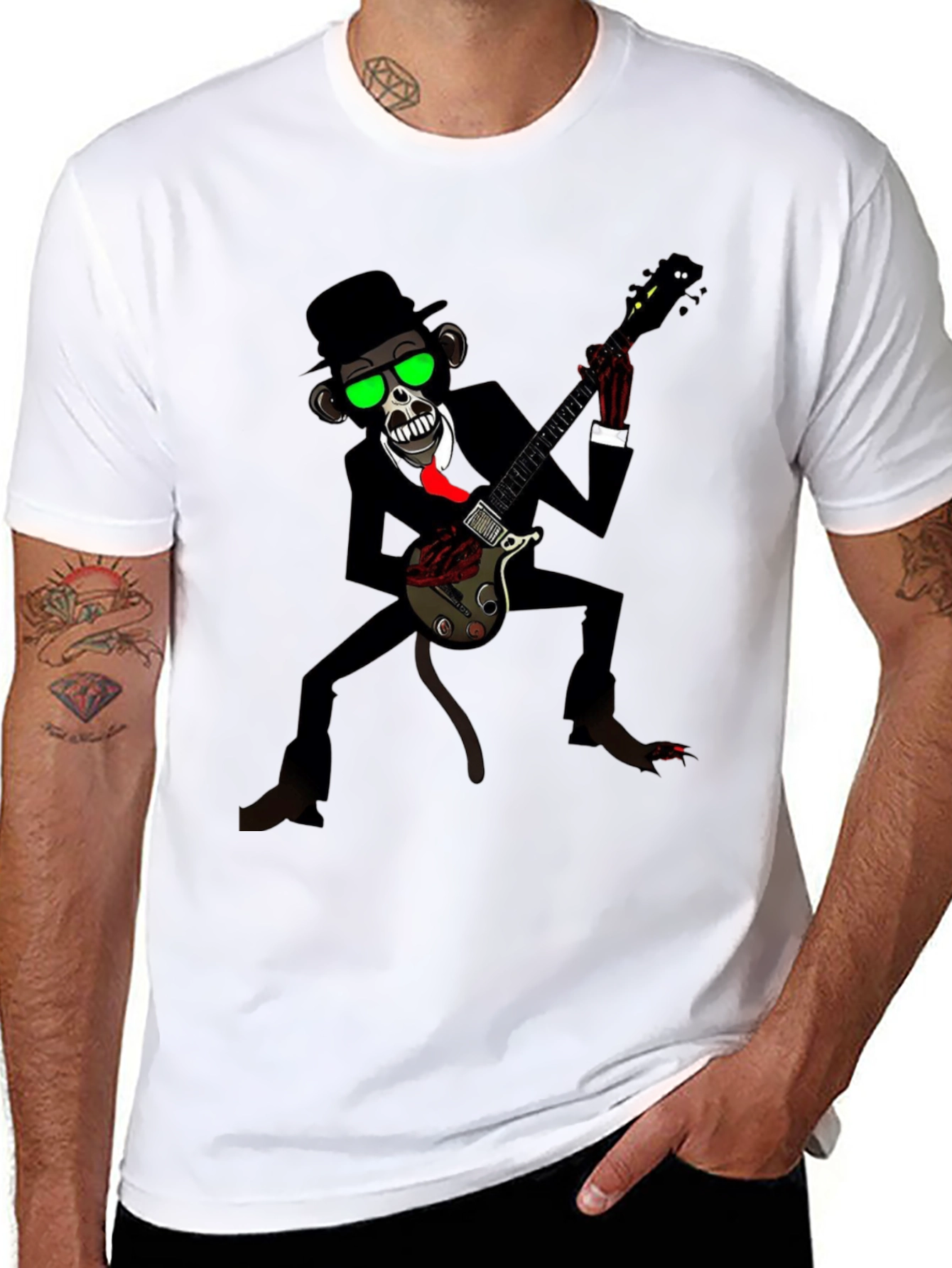 Black Cool Monkey Guitarist Graphic Tee view 8