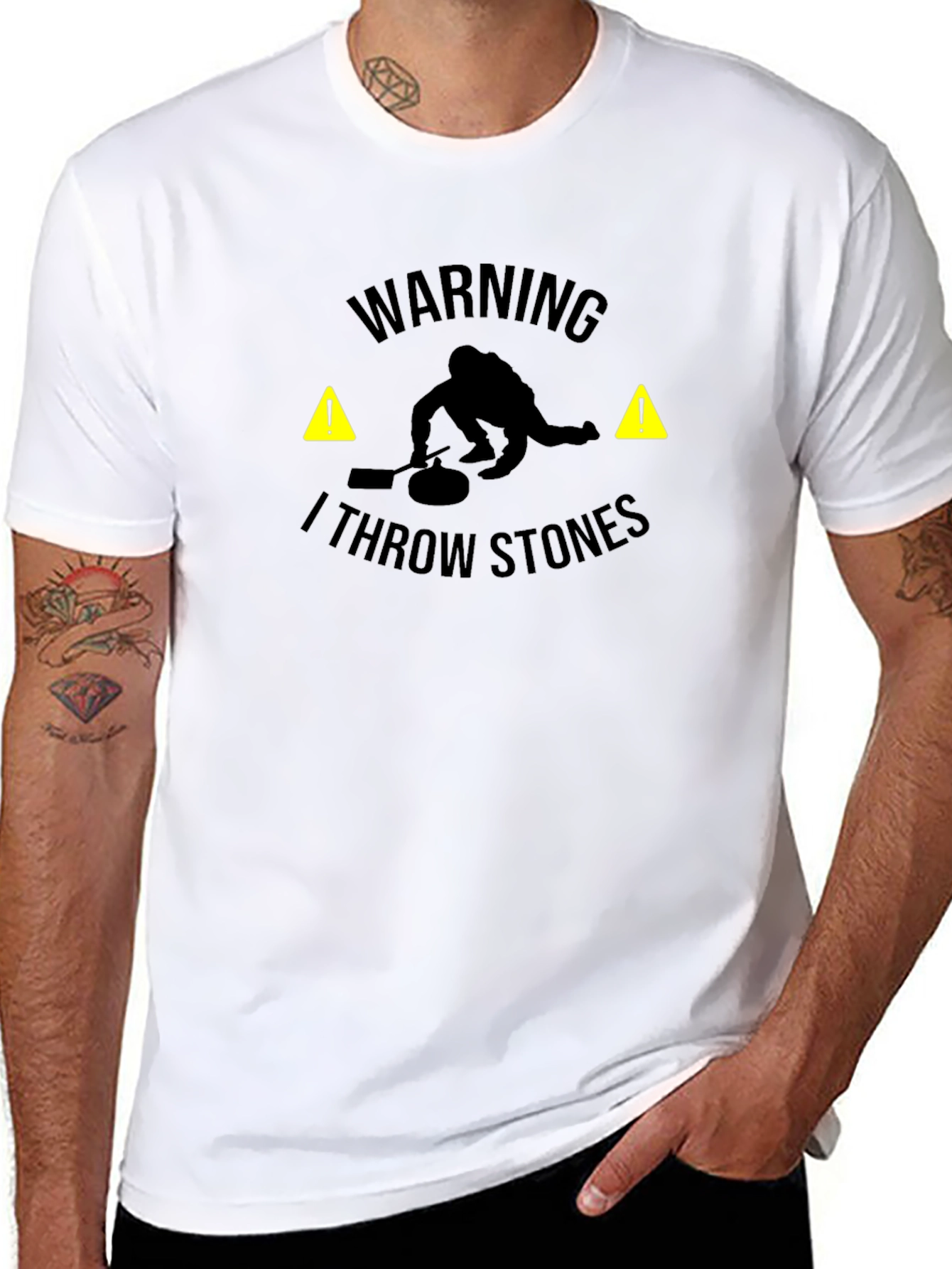 Black Warning I Throw Stones Black Graphic T-Shirt view 8