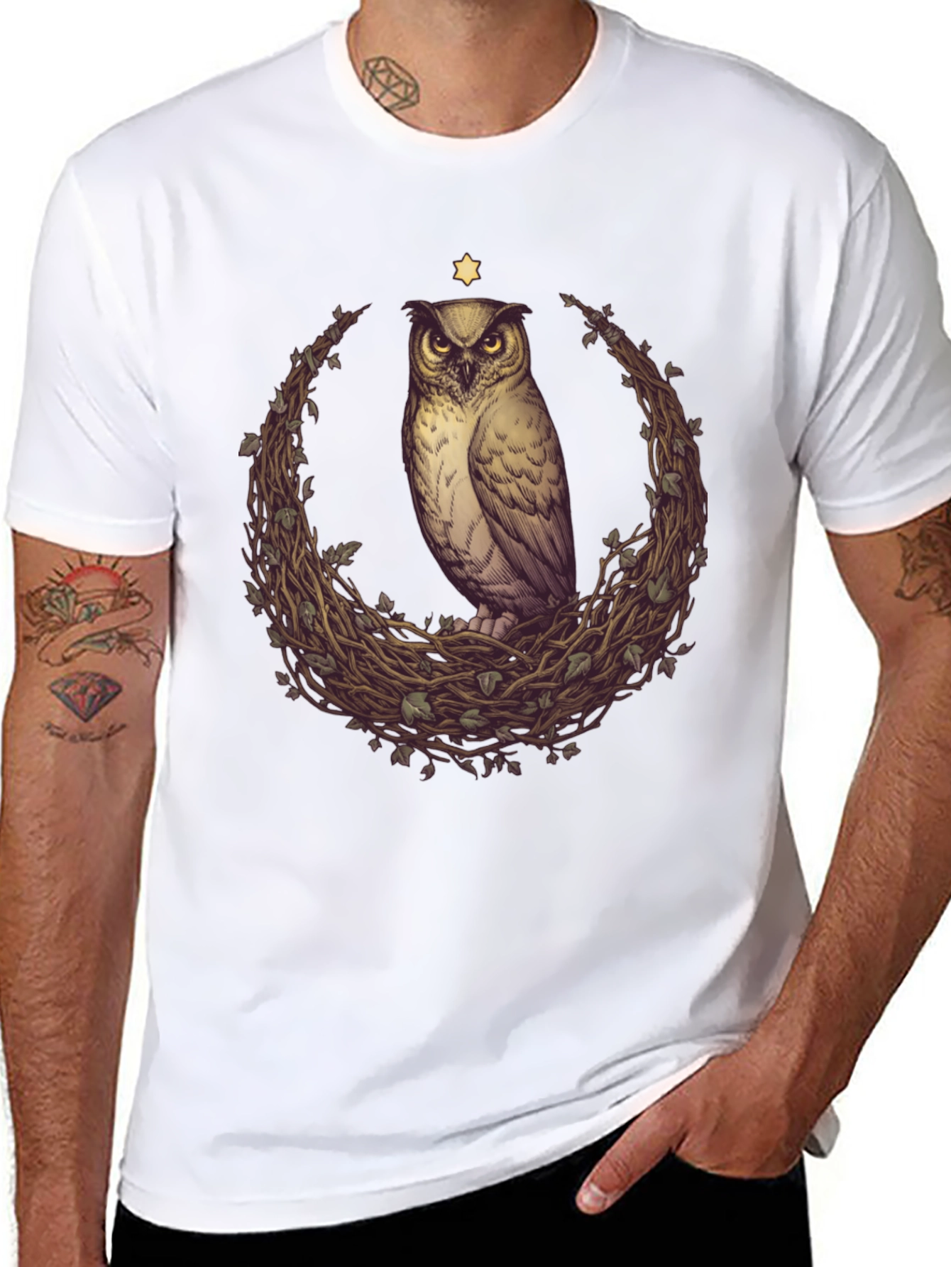 Black Owl & Star Graphic Tee - Unisex Black T-Shirt view 8