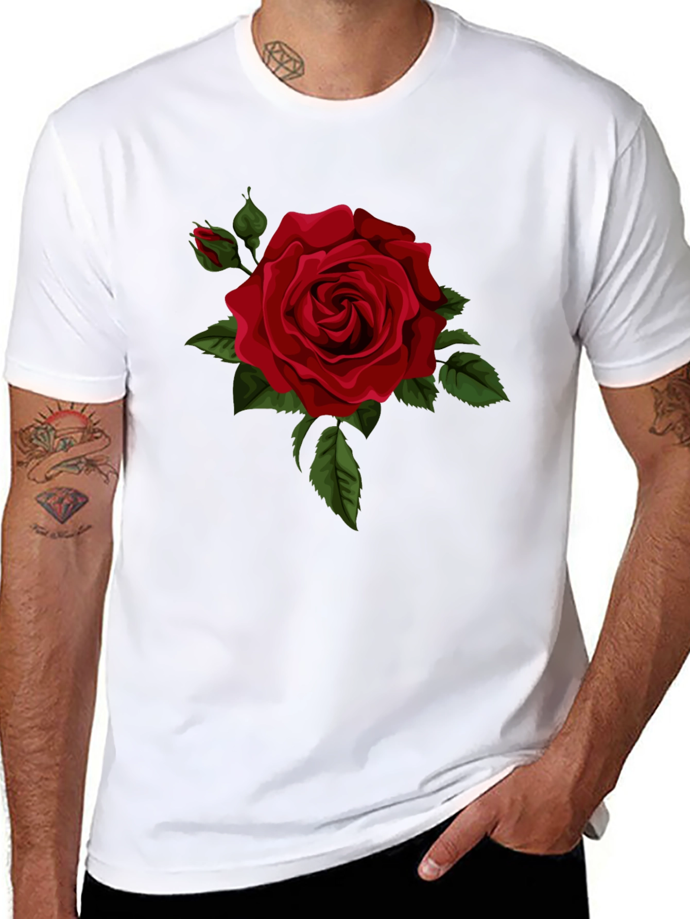 Black Red Rose Graphic Tee - Classic Black Cotton T-Shirt view 8