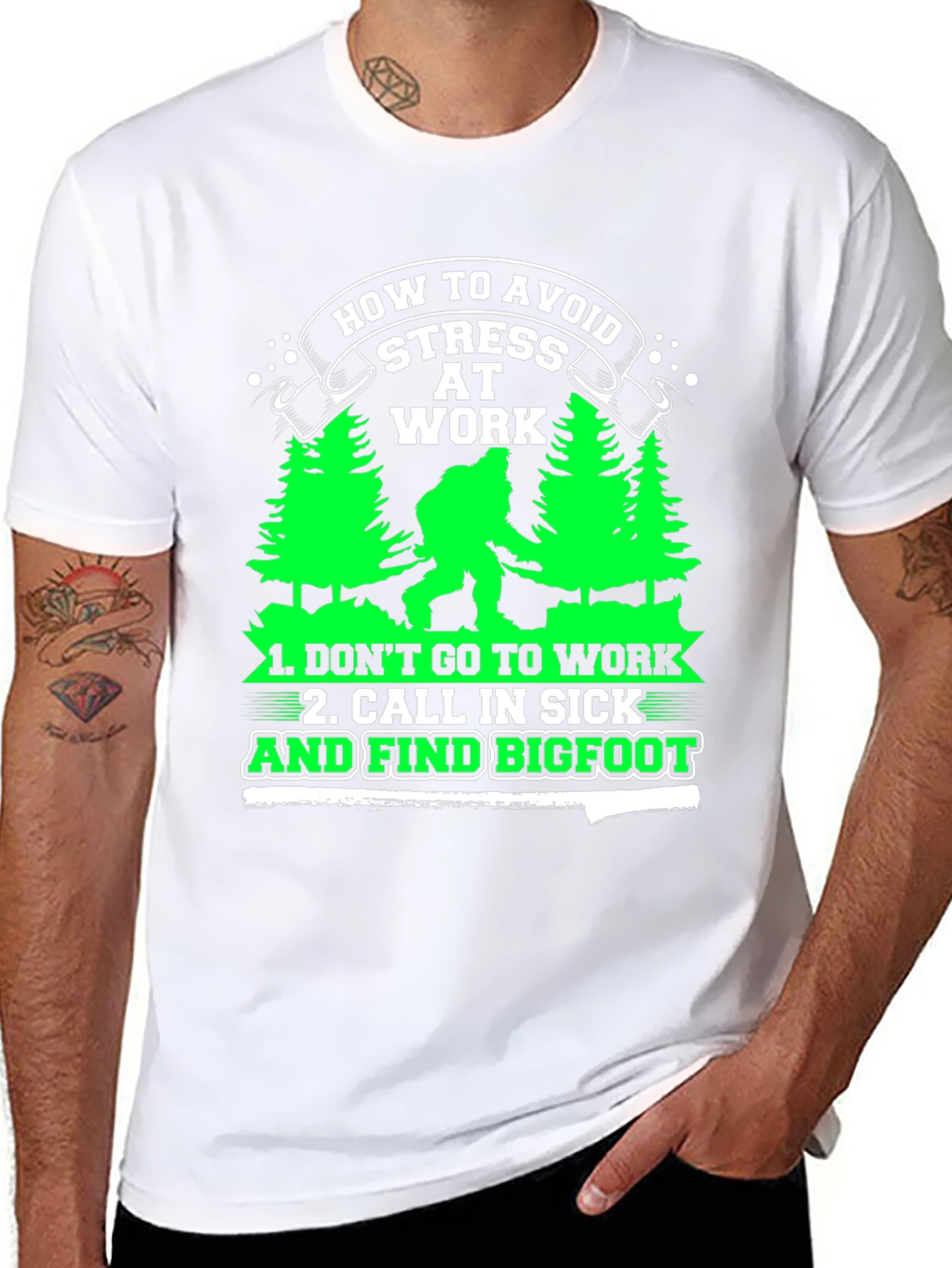 Black Avoid Stress at Work Bigfoot Graphic Tee view 8