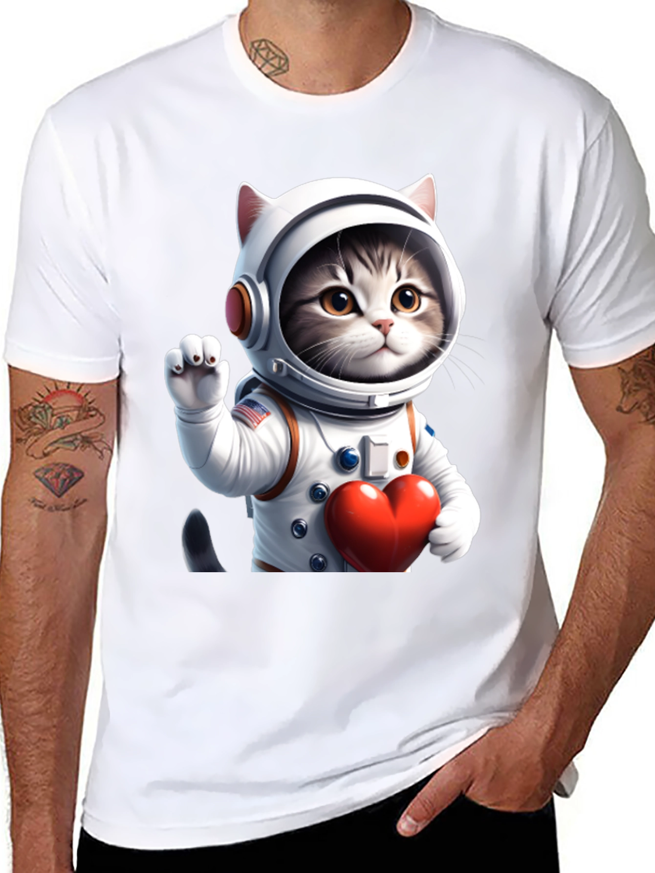 Black Cosmic Kitty T-Shirt - Astronaut Cat with Heart view 8