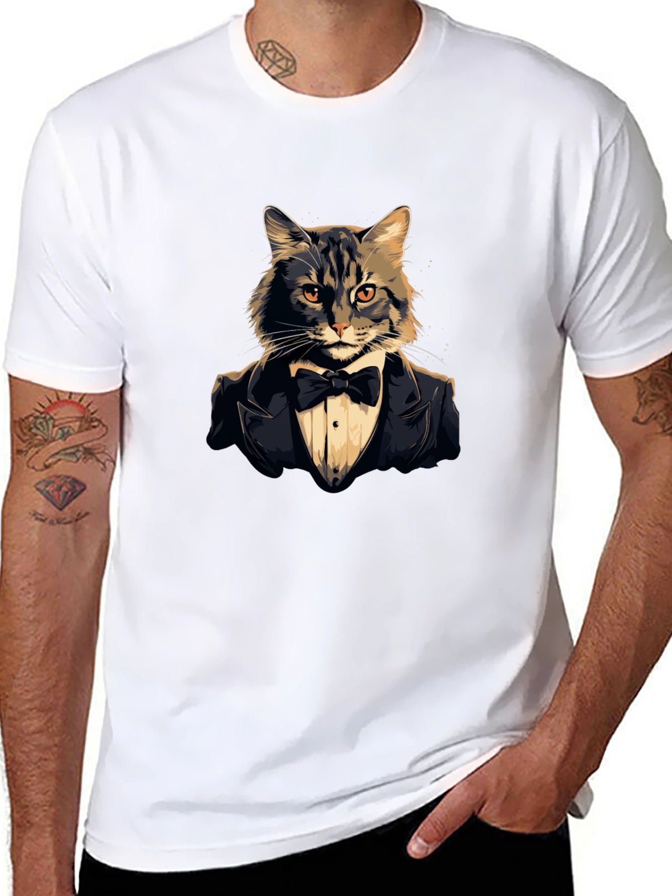 Black Dapper Cat Tuxedo T-Shirt - Cool Feline Formal Wear Tee view 8