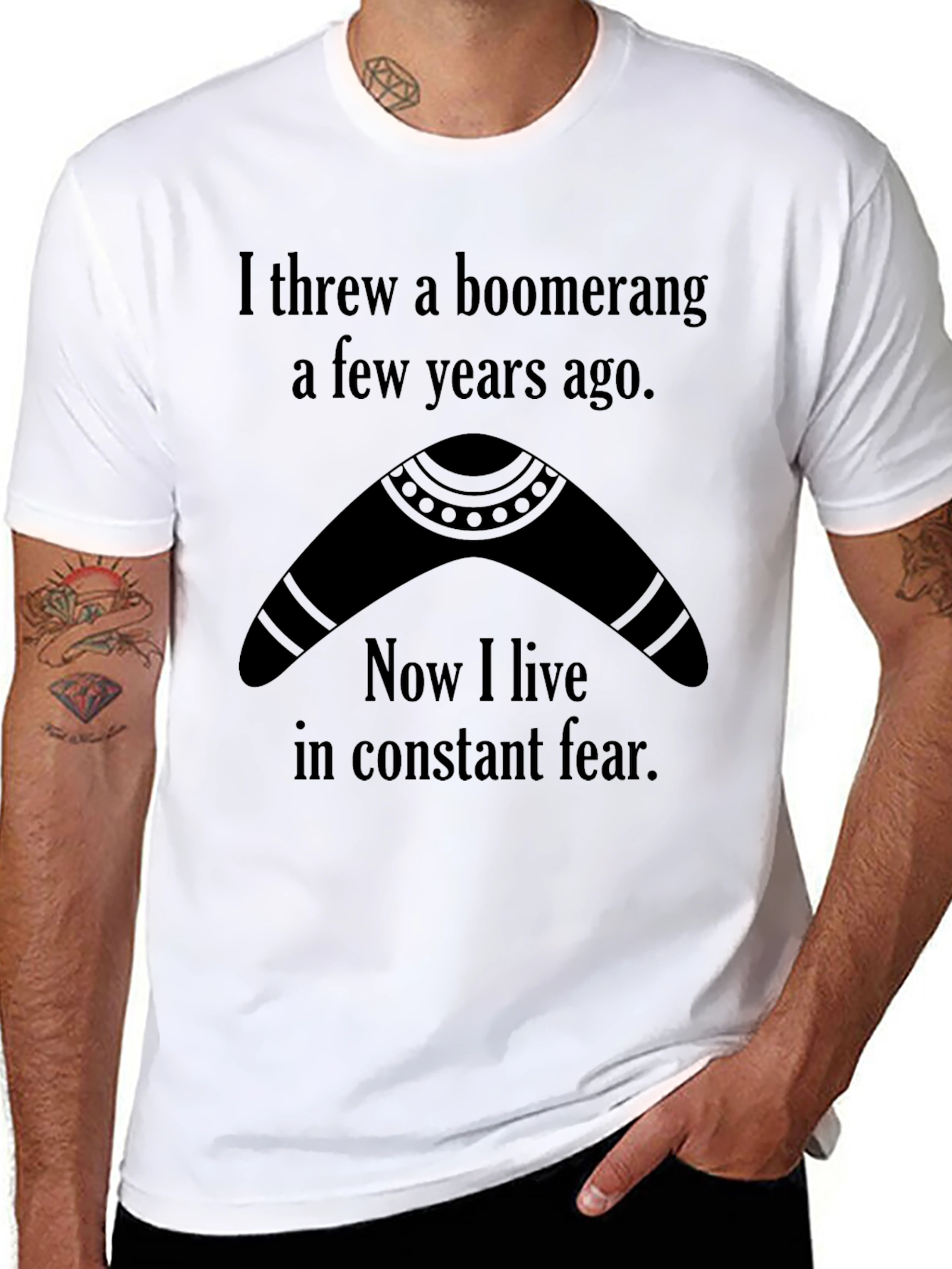 Black Boomerang Thrower Humor Graphic T-Shirt view 8