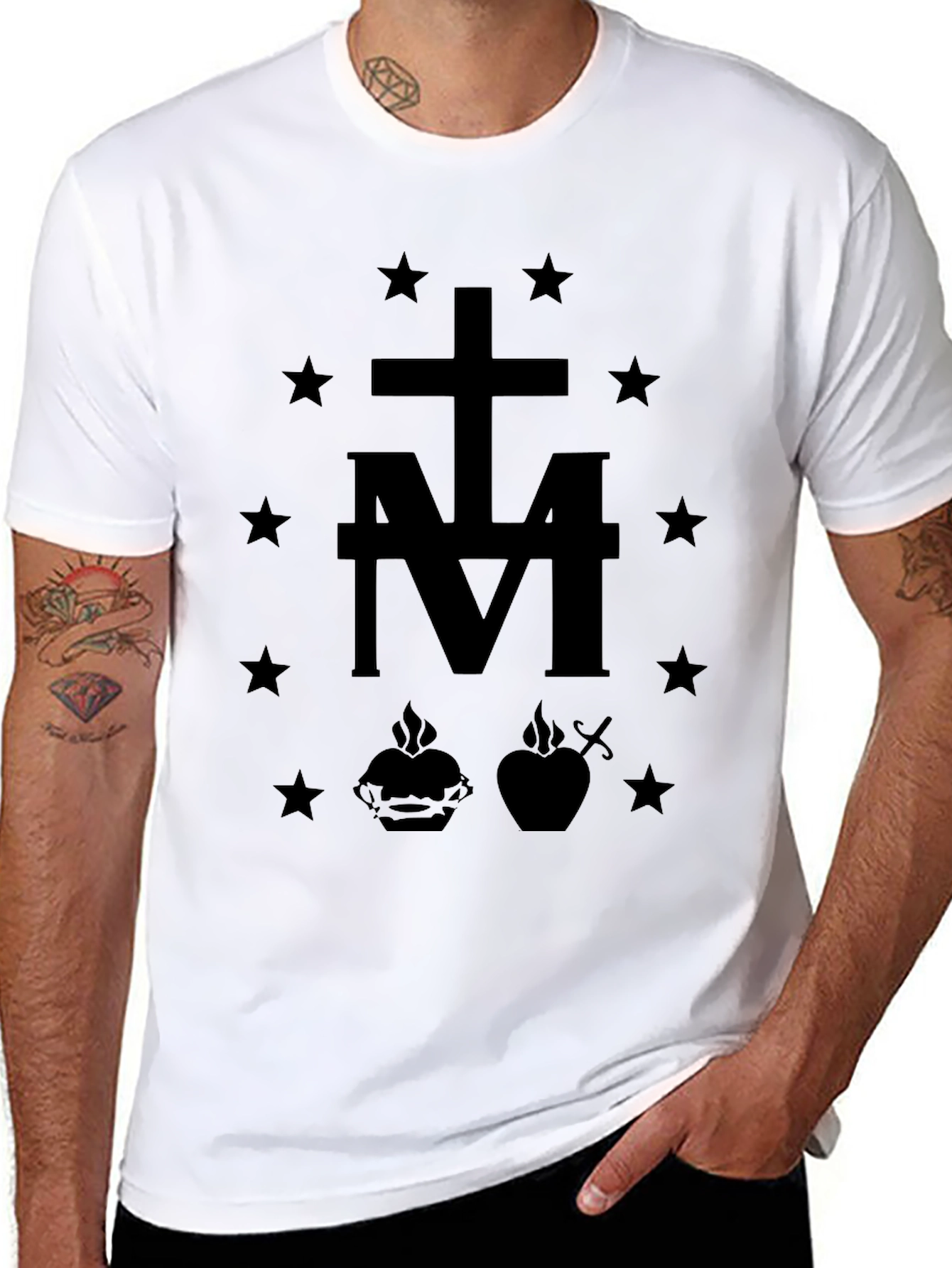 Black Black T-Shirt with Cross and Heart Graphic view 8