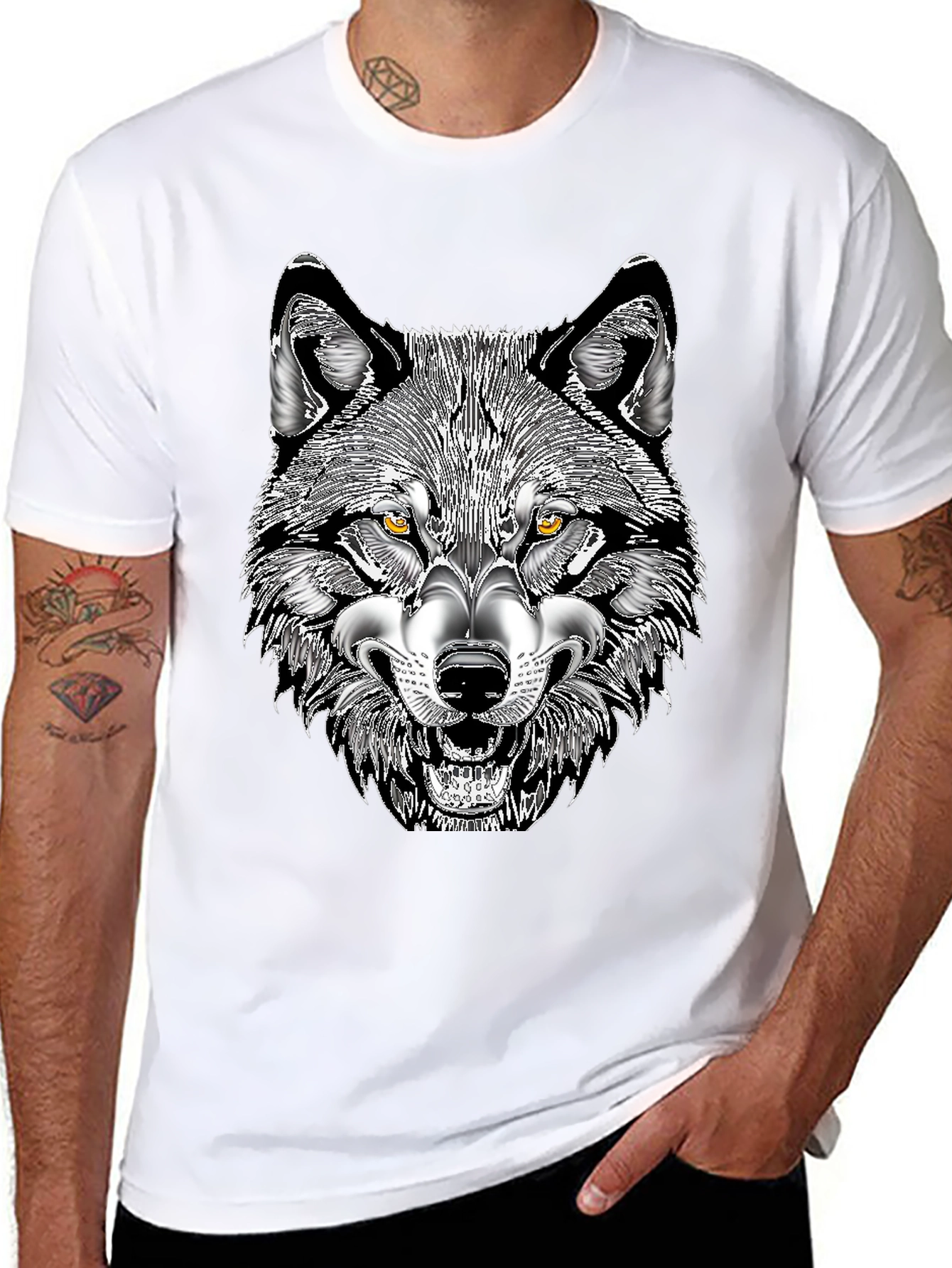 Black Men's Black T-Shirt with Wolf Graphic Print view 8