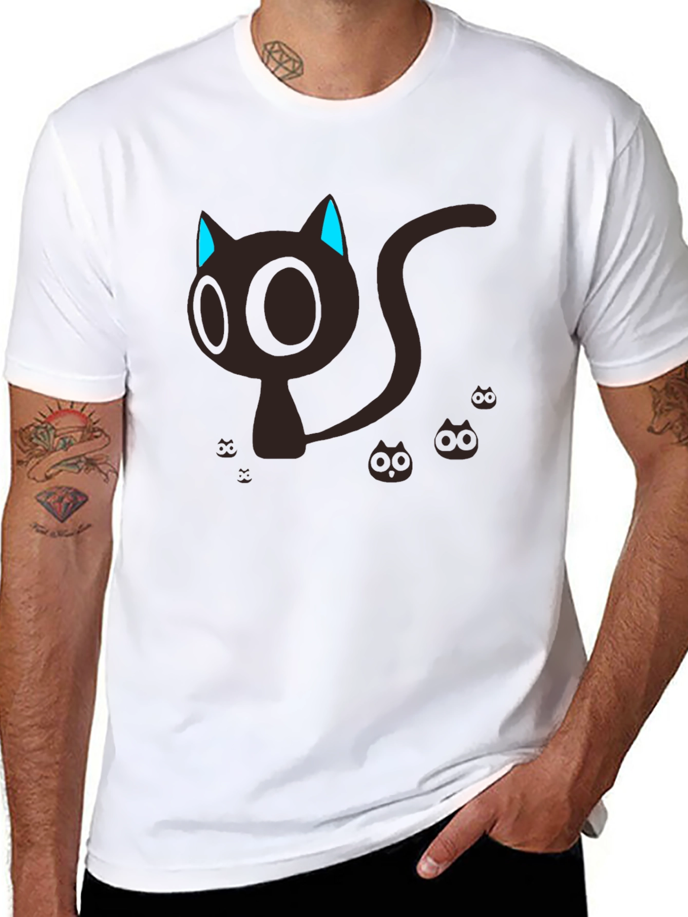 Black Cute Cartoon Cat Graphic T-Shirt - Black view 8