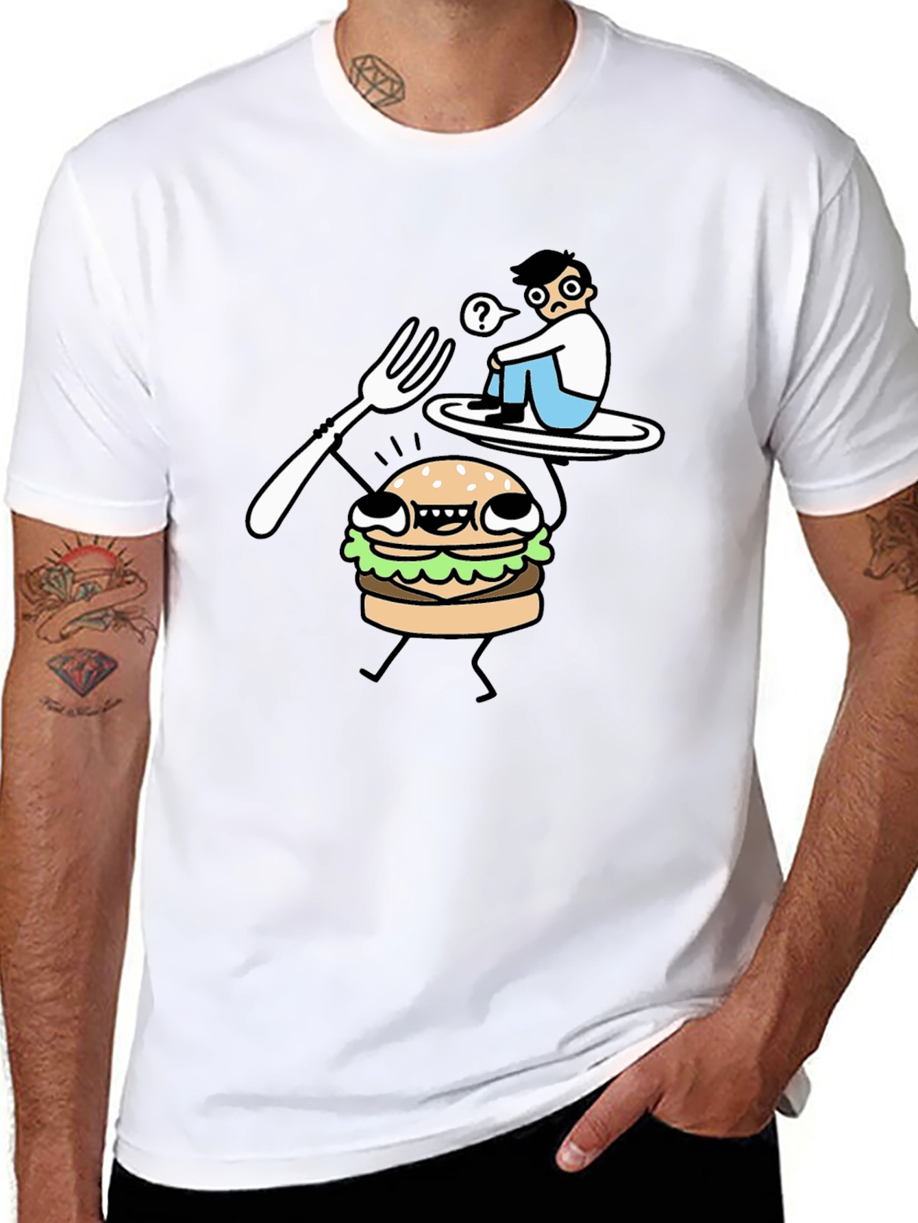 Black Funny Cartoon Burger T-Shirt - Black Cotton Tee view 8