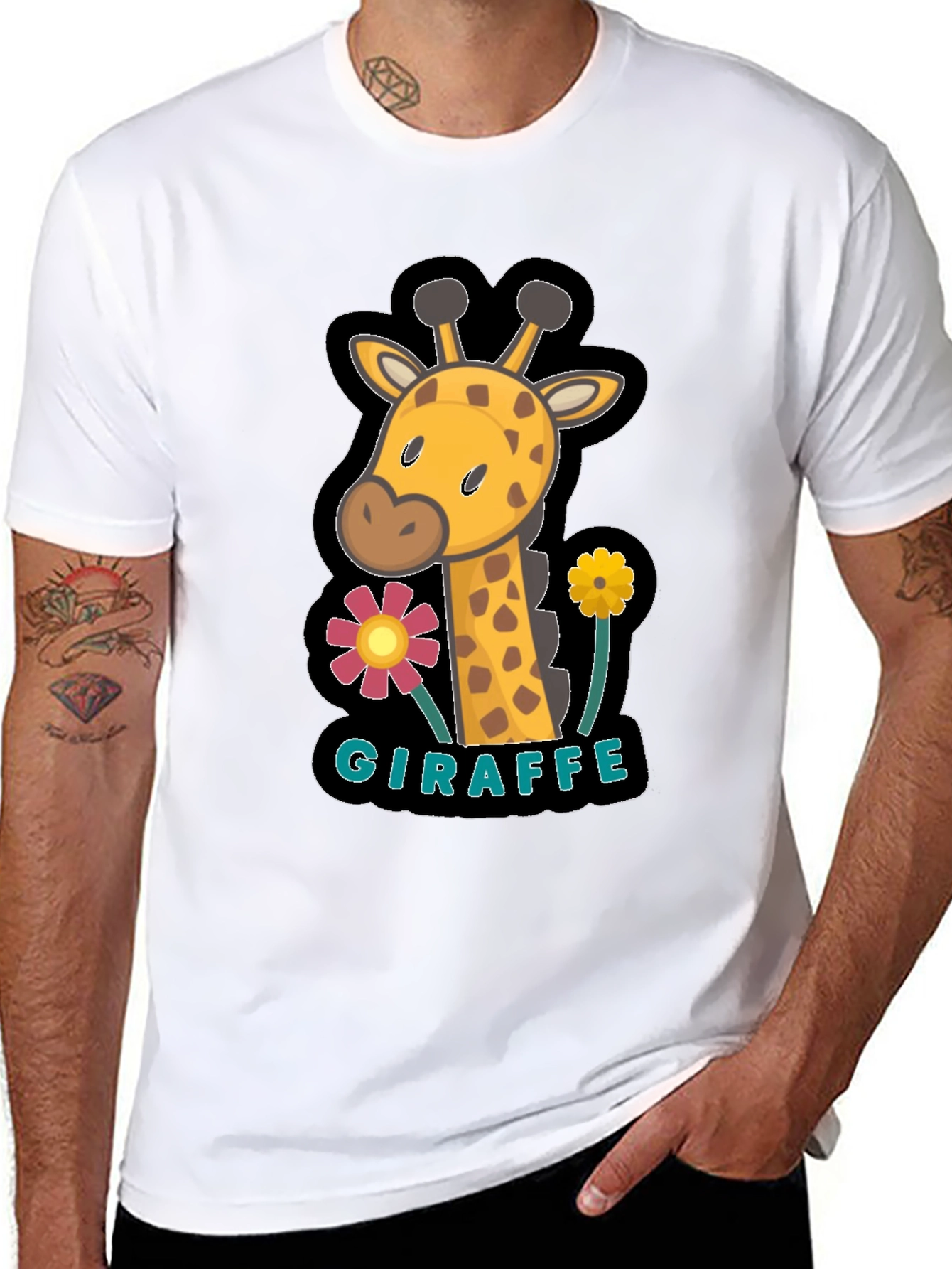 Black Cute Giraffe Flower Graphic Black T-Shirt view 8