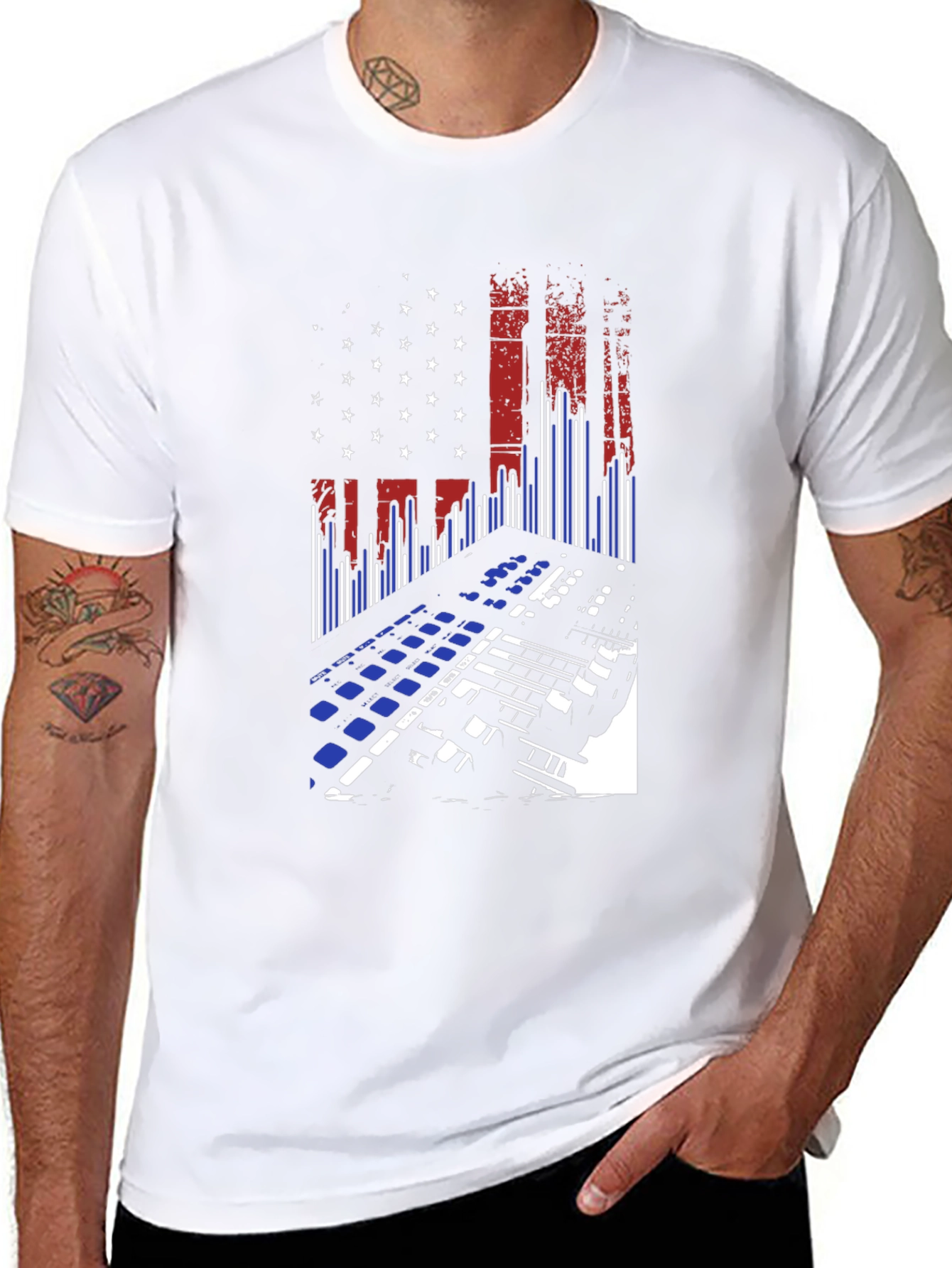 Black American Flag DJ Keyboard Black T-Shirt view 8