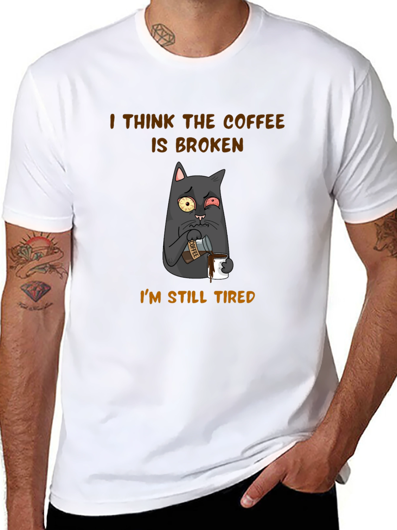 Black Funny Cat Coffee T-Shirt - I Think The Coffee Is Broken view 8