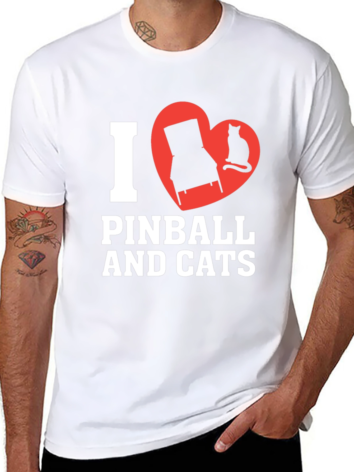 Black I Love Pinball and Cats Graphic T-Shirt view 8