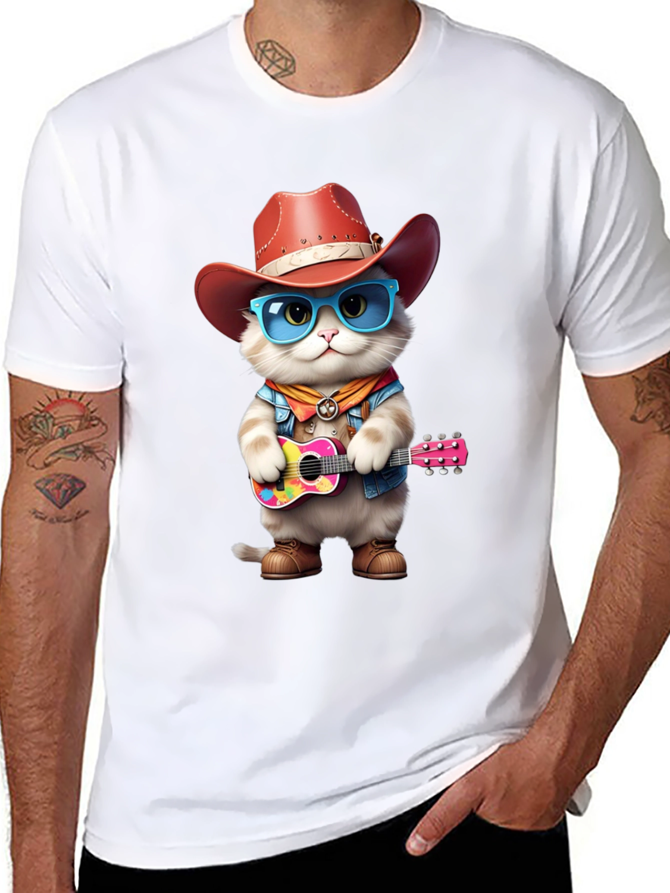 Black Cat Cowboy Guitar T-Shirt view 8